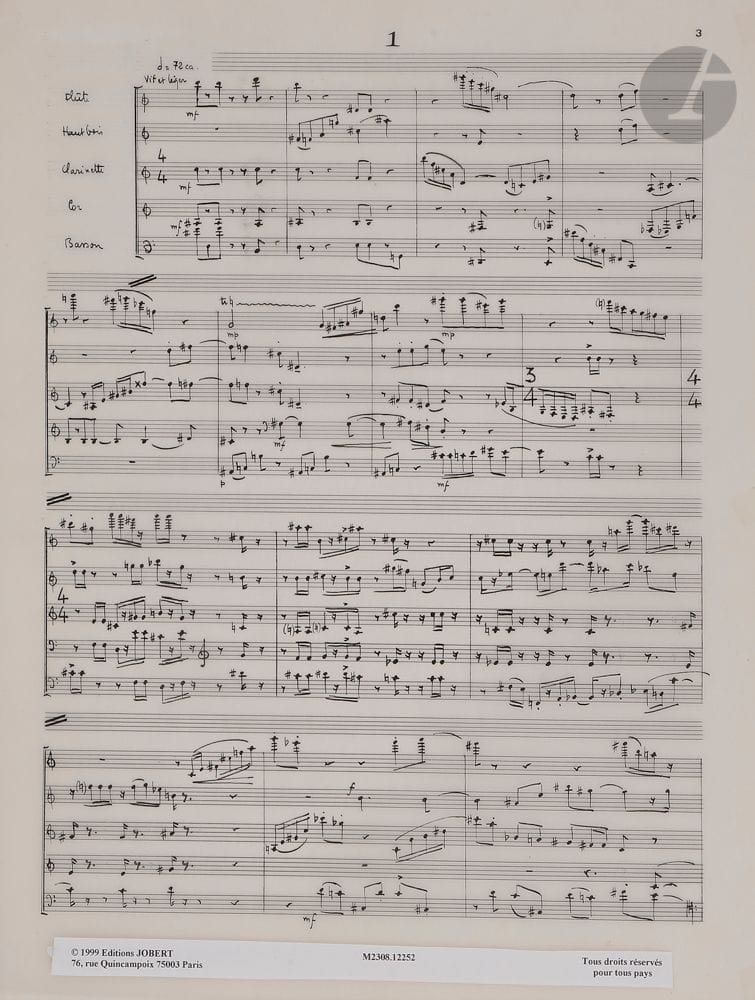 Lucien GUÉRINEL (né 1930). Manuscrit musical autographe, Six Bagatelles pour quintette à vent, [1970-1989] ; 11 feuillets (paginés 3-13) 35 x 27 cm.
Les cinq premières Bagatelles datent (selon l’épreuve de la page de titre jointe) de 1970, et ont été créées par le Quintette à vent de Marseille au Centre international de Grasse le 20 avril 1986 ; une sixième a été écrite en 1989, et la même formation a donné cette même année l’ensemble des Six Bagatelles. Elles rassemblent flûte, hautbois, clarinette, cor et basson, et durent 6 minutes 53.
1 Vif et léger ; 2 ; 3 Vif ; 4 Très librement ; 5 ; 6 Vivace.
Le manuscrit est soigneusement noté à l’encre de Chine sur papier calque à 24 lignes, avec généralement 4 systèmes de 5 portées par page.
On joint les 5 parties séparées autographes (le n° 6 par un copiste), et un tirage de la partition en néocopie.