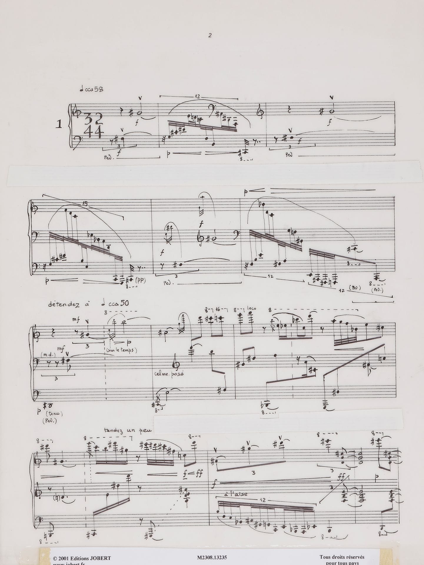 Lucien GUÉRINEL (né 1930). Manuscrit musical autographe, Huit Préludes pour piano, 1989-1995 ; 14 feuillets (paginés 2-15, un 7 bis, la p.12 blanche).
Ces Huit Préludes pour piano ont été créés par Philippe Gueit en 2001 au Lycée musical de Marseille.
1 (septembre 1989) ; 2 « Hommage à Scriabine », Très librement phrasé (octobre 1989) ; 3 Mouvement souple et libre (décembre 1989) ; 4 (décembre 89/mai 1991) ; 5 (janvier 1992) ; 6 (janvier 1992) ; 7 Libre et rêveur (lentement) (novembre 95) ; 8 Vif, brillant (novembre 95).
Le manuscrit, soigneusement noté à l’encre de Chine sur papier calque, a servi pour le clichage, avec des collettes de papier blanc pour occulter les portées non écrites, et les dates dactylographiées.
