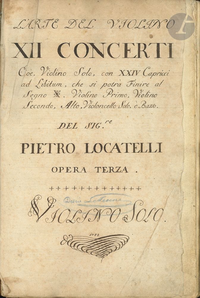 Pietro LOCATELLI (1695-1764). Musical manuscript, L'Arte del Violino. XII Concerti Cioè, Violino Solo, con XXIV Capricci ad libitum... Opera terza. Violino Solo. 1753; one vol. small in-fol. (32,5 x 21,5 cm) of 98 pages, contemporary half brown basane binding, marbled paper boards, label on upper board engraved by Charle Noel marked "Violino Solo". (worn binding) 
Beautiful handwritten copy of the violin solo part of this collection of concerti, published in Amsterdam in 1733, carefully notated in brown ink on 12-line paper.
Provenance: collection of the violinist Henri Vieuxtemps.