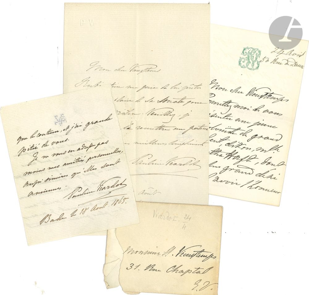 Pauline VIARDOT (1821-1910). 3 L.A.S., 1865 et s.d., à Henri Vieuxtemps ; 5 pages in-8 ou in-12 à son chiffre, enveloppes.
Dimanche 20 août : « Rubinstein me prie de lui prêter mon exemplaire de sa Sonate pour piano et violon » ; elle prie Vieuxtemps de la remettre au porteur. – Bade 18 août 1865, renvoyant une lettre : « Nous sommes des amis d’enfance et rien ne doit ni ne peut nous brouiller, pas même ce qui vous éloigne tant de gens qui voudraient être vos amis »… (On joint la lettre en question de Joséphine Vieuxtemps au sujet de sa fille Julie, blessés par les remarques « dures et méprisantes » de Pauline chez qui elle prenait des leçons, et brouillon de réponse par Vieuxtemps). – Paris 24 avril, recommandant « une jeune violoniste de grand talent, dit-on, Mlle Bertha Haft […] Viennois et très gentille »…