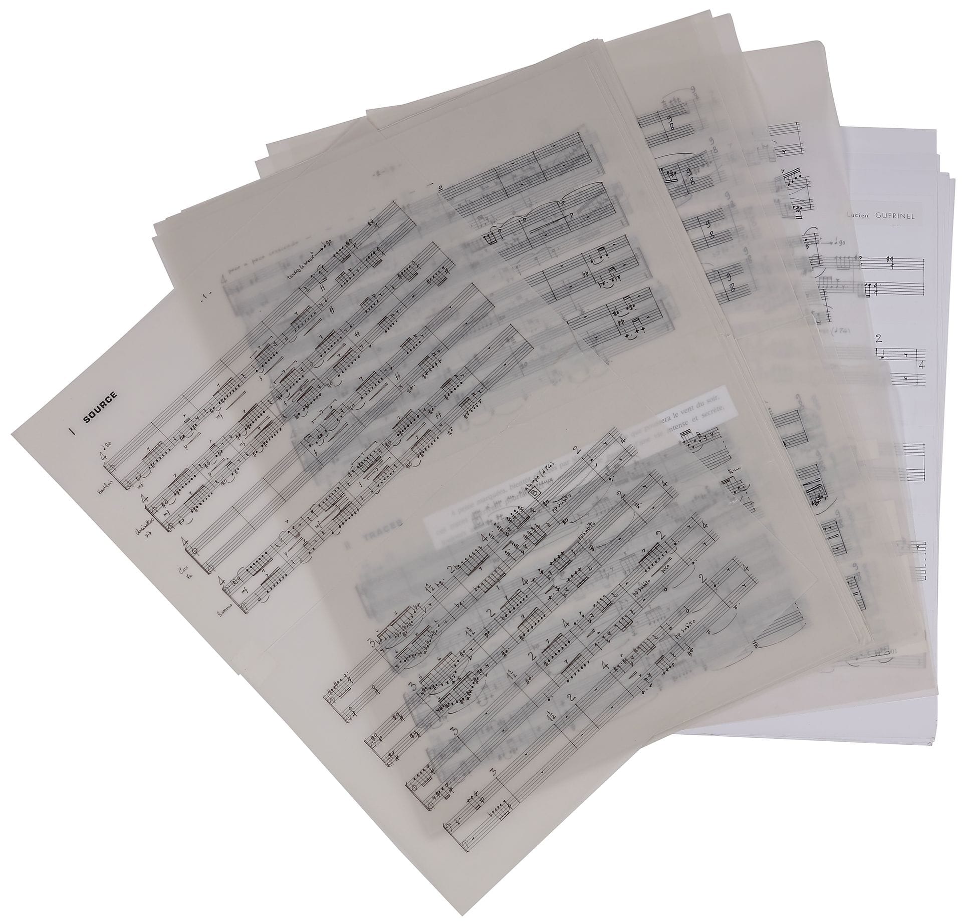 Lucien GUÉRINEL (né 1930). Manuscrit musical autographe, [Rives effleurées pour octuor à vent], 2001 ; 23 feuillets 42,5 x 30 cm.
Octuor à vent, créé le 17 septembre 2001 à Prague, par l’Harmonia Mozartiana Pragensis, sous la direction d’Éric Baude. 
Inspiré par Un livre de la Loire de Pierre et Françoise Bertsch, et rassemblant 2 hautbois, 2 clarinettes, 2 cors et 2 bassons, l’œuvre dure 11 minutes 40, et est divisée en cinq mouvements : I Source, II Traces, III La Tour de César, IV Plan d’eau, V Loire en crue.
  Le manuscrit est soigneusement noté à l’encre de Chine sur des feuillets de papier calque oblong montés deux par deux en une grande feuille, présentant ainsi 2 systèmes de 8 portées par page. Il est daté en fin « Saint Bonnet de Joux/Marseille, mars-avril 2001 ». Il est préparé pour clichage avec des collettes présentant un texte imprimé en tête des mouvements.
On joint le matériel en parties établi par montage de photocopies du manuscrit.