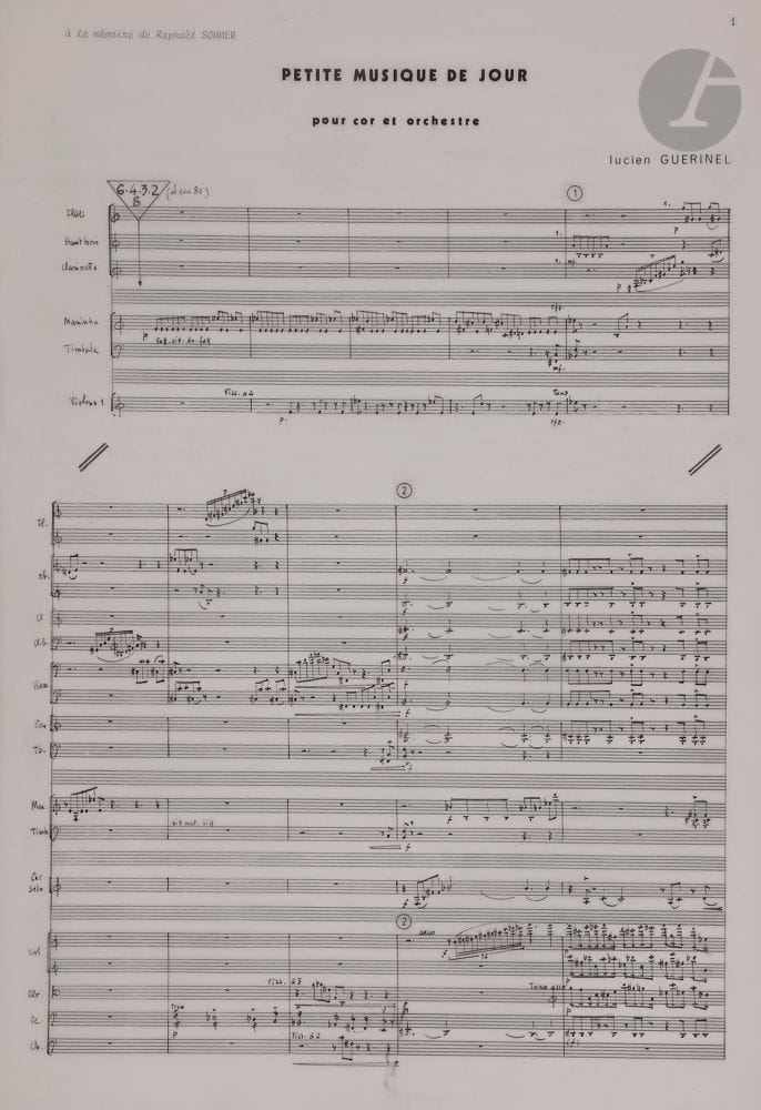 Lucien GUÉRINEL (born 1930). Autograph musical manuscript, Petite musique de jour for horn and orchestra, 2001 ; 34 sheets 42 x 29 cm.
Piece for horn and orchestra, premiered on June 28, 2002 at the Opéra d'Avignon by Antoine Dreyfuss and the Orchestre Lyrique d'Avignon-Provence conducted by Roland Hayrabedian. 
 Lasting 15 minutes, the work requires, in addition to the solo horn, 2 flutes, 2 oboes, 2 clarinets, 2 bassoons, 2 horns, 2 trumpets, 2 trombones, timpani, percussion, and strings.
The manuscript of the orchestral score is carefully noted in Indian ink on tracing paper, and dated at the end "Marseille/Saint-Bonnet de Joux 21 August-28 December 2001".