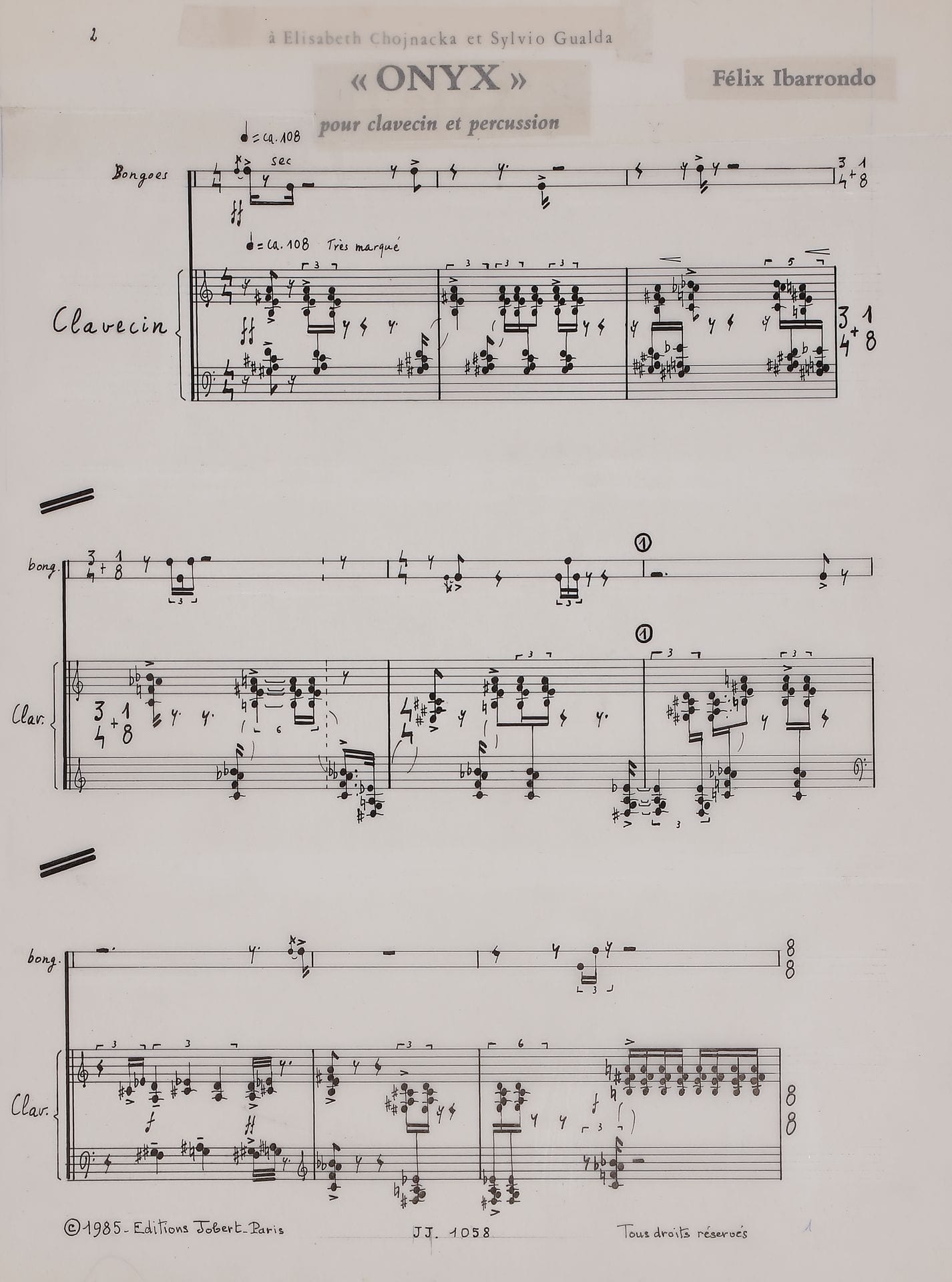 Félix IBARRONDO (born 1943). Autograph musical manuscript, Onyx for harpsichord and percussion, 1984; 22 sheets, 35 x 26.5 cm.
Piece for harpsichord and percussion, premiered on July 15, 1984 at the Festival international d'Art chrétien de Digne-les-Bains, in the Notre-Dame de Bourg cathedral, by Noëlle Spieth on harpsichord and Pierre Gasquet on percussion. Commissioned by the French Ministry of Culture, the work lasts 12 minutes 30 seconds.
The manuscript is carefully written in Indian ink on tracing paper, and dated at the end "Asnières 1-I/31-III-84". The title is calligraphied, with details of the percussion: 5 woodblocks, 2 bongos, 5 toms, 2 m'tumbas (or Saharan drums), high cymbal, Chinese cymbal, vibraphone. There are many traces of correction by scratching. It was used for the clichage, with a cut-out at the top of the first page.