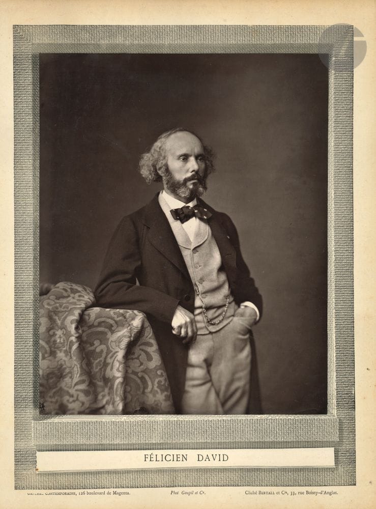 MUSICIANS. 5 photographs for the Contemporary Gallery; formats in-4.
Félicien David (cliché Bertall), Charles Gounod (Mulnier), Fromental Halévy (Carjat), Charles Lecocq (P. Petit), Ambroise Thomas (Fontaine). 
 Attached are 13 postcards of composers (Berlioz, Debussy, Fauré, Gounod, Liszt, Massenet, Poulenc, Puccini, Ravel, Roussel, Saint-Saëns, Verdi, Wagner); plus a photograph by Eug. Pirou (falsely identified as Saint-Saëns).
