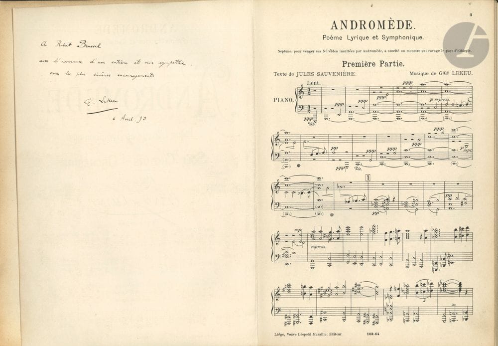 Guillaume LEKEU (1870-1894). - Andromeda. Lyrical and symphonic poem for soloists, choirs and orchestra. Texts by Jules Sauvenière. Reduction for piano and voice. Liège, Veuve Léopold Muraille. Small in-4, bound in blue chagrin. - Three Pieces for Piano. Liège, Veuve Léopold Muraille. In-fol.
Rare signed first editions of this musician who died at the age of 24.
Autograph dedications to his pupil and friend, the future musicologist Robert BRUSSEL (1874-1940) : " To Robert Brussel with the assurance of a complete and lively sympathy, with the most sincere encouragement G. Lekeu 6 April 93"; and "To Robert Brussel very friendly Gme Lekeu 20 April 93".
Attached is a L.A.S. from Guillaume LEKEU to Mme Brussel, 12 July 1893 (2 p. in-8, envelope), thanking her for the "calm and restful" days spent at La Bergette: "it is to you that I owe my return to work full of courage, confidence and health"; he speaks of Robert, "my charming friend and - at least I dare to hope - my conscientious pupil"... Plus a small L.A.S. to Robert Brussel at whose house he forgot his overcoat (1 p. in-12, adr.; plus a self-addressed envelope). 
 Also enclosed is the first edition of Lekeu's (unfinished) Quartet (E. Baudoux, [1895]), with a letter to R. Brussel from Guillaume Lekeu père: " Souvenir de notre Guillaume à son élève et ami Robert Brussel "... ; 7 letters concerning Lekeu (Carlos SCHWABE, Romain ROLLAND, Lekeu family...) ; 2 photos of Lekeu's portrait by S. Detilleux, announcements, concert programmes, brochures, etc.