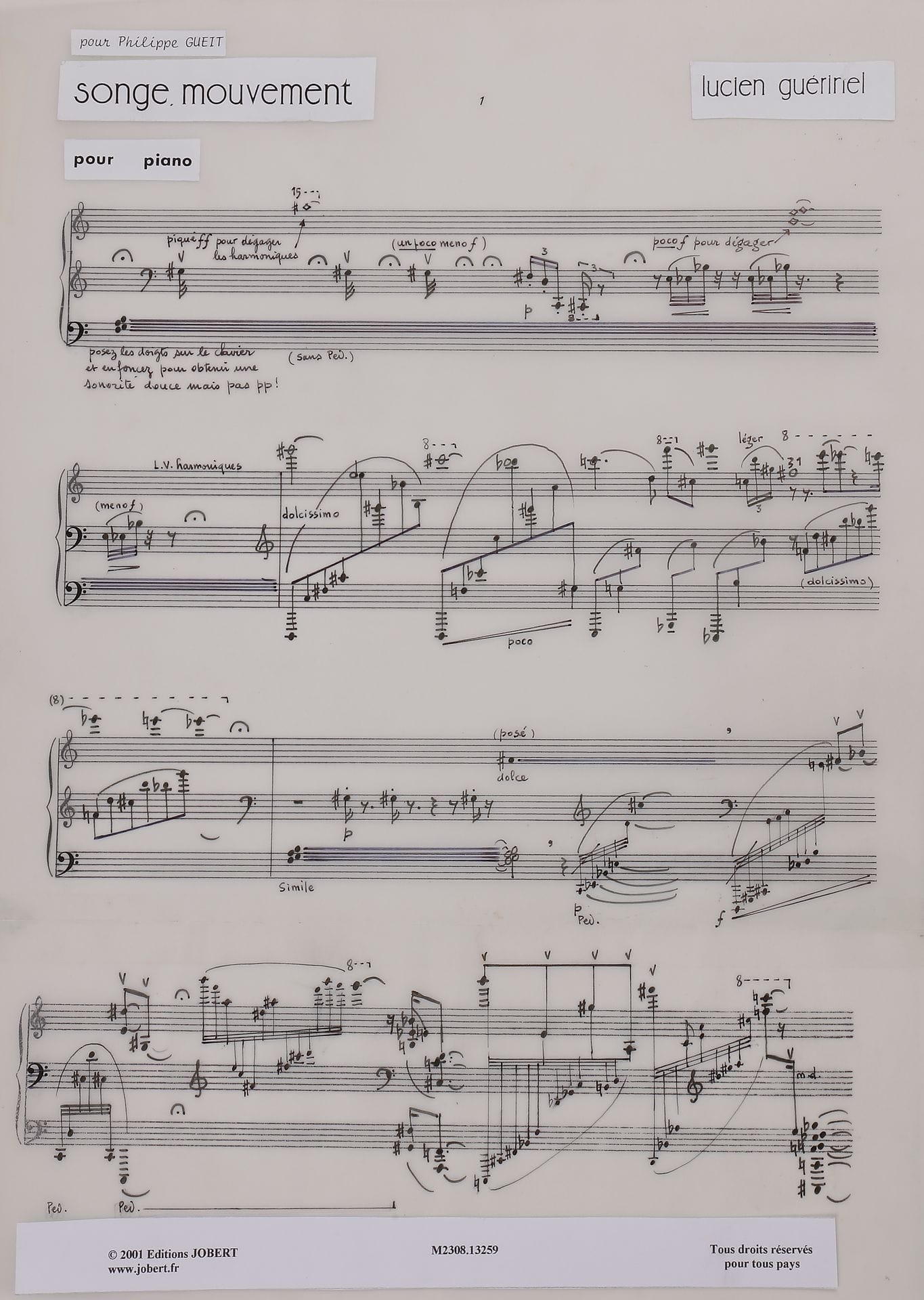 Lucien GUÉRINEL (né 1930). Manuscrit musical autographe, Songe, Mouvement pour piano, [1993] ; 15 feuillets 36 x 26 cm.
Pièce pour piano créée par Philippe Gueit, qui en est le dédicataire, en 1993 à l’auditorium de la Faculté de Médecine de Marseille. Durée : 15 minutes 30.
Le manuscrit est soigneusement noté à l’encre de Chine sur papier calque, avec généralement 4 systèmes de 4 portées par page.