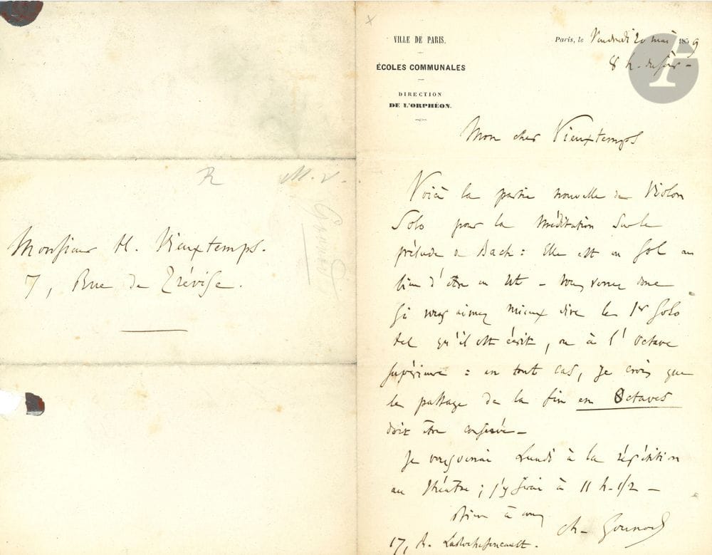 Charles GOUNOD (1818-1893). L.A.S., Paris 20 mai 1859, au violoniste Henry Vieuxtemps ; 1 page in-8 à en-tête Ville de Paris. Écoles communales. Direction de l’Orphéon, adresse.
Sur son adaptation du premier Prélude du Clavier bien tempéré de Bach. 
« Voici la partie nouvelle de Violon solo pour la Méditation sur le prélude de Bach. Elle est en sol au lieu d’être en ut. Vous verrez donc si vous aimez mieux dire le 1er solo tel qu’il est écrit, ou à l’octave supérieure : en tout cas, je crois que le passage de la fin en octaves doit être conservé. Je vous verrai lundi à la répétition au théâtre »…