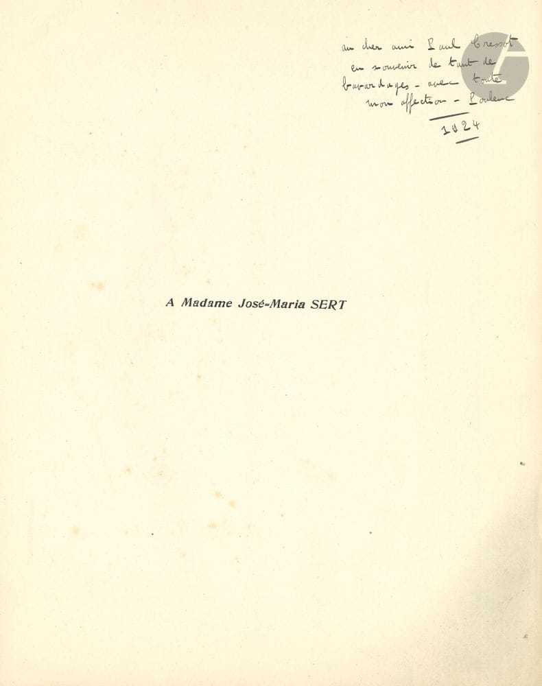 Francis POULENC (1899-1963). Les Biches. Ballet avec chant en un acte (Paris, Au Ménestrel, Heugel, 1924) ; in-fol., broché, couv. illustrée par Marie Laurencin.
Édition originale de la réduction pour piano et chant par l’auteur. Envoi autographe signé (sur la page de dédicace à Misia Sert) : « au cher ami Paul Cressot en souvenir de tant de bavardages – avec toute mon affection– Poulenc 1924 ».