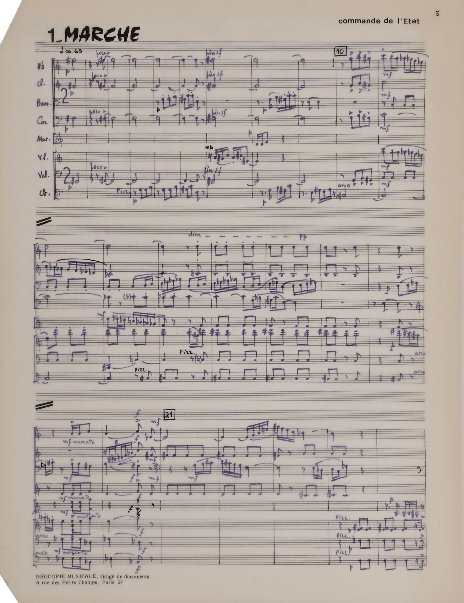 Lucien GUÉRINEL (born 1930). Autograph musical manuscript, Quatre Préludes for small ensemble, [1978]; 13 leaves, 35 x 27 cm.
These Quatre Préludes were commissioned by the State. The instrumental line-up requires: oboe, clarinet, bassoon, horn, percussion, violin, cello, double bass.
1 Marche; 2 Songe; 3 Bagatelle; 4 Parodie.
The manuscript is carefully notated in midnight blue ink on 30-line Neo-copy music tracing paper, with generally 3 systems of 8 staves per page.
The autograph material on tracing is attached.