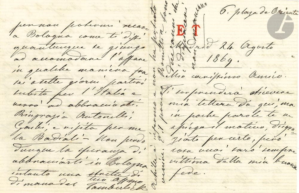 Enrico TAMBERLICK (1820-1889). L.A.S., Madrid 24 août 1869, à un ami ; 4 pages in-12 à son chiffre ; en italien (photo jointe par Reutlinger).
Explications sur la vente du matériel du théâtre de l’Opéra de Madrid, qui était sa propriété, à Draneh-Bey pour le théâtre du Caire ; il a été compromis moralement et matériellement...