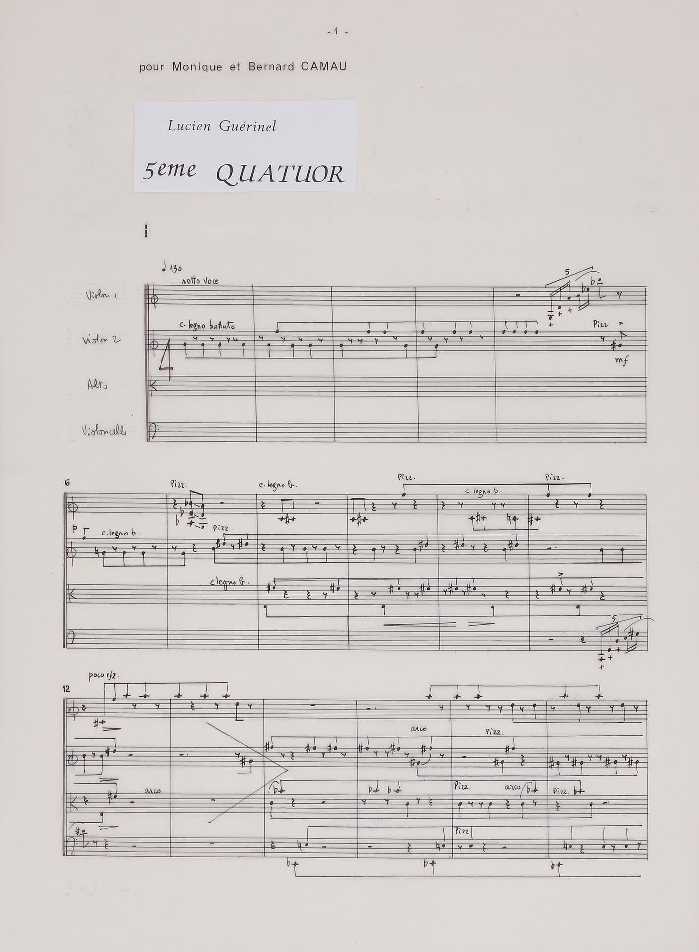 Lucien GUÉRINEL (né 1930). Manuscrit musical autographe, 5ème Quatuor, 2001 ; 29 feuillets 37,5 x 27,5 cm.
Cinquième Quatuor à cordes de Guérinel, créé en 2001 à la Société de Musique de chambre de Marseille par le Quatuor Élysée.
D’une durée de 23 minutes, il est divisé en 4 mouvements.
Le manuscrit est soigneusement noté à l’encre de Chine sur papier calque, avec généralement 4 systèmes de 4 portées par page, et quelques corrections par grattage. Il est daté en fin « Marseille, 27-01-/5-03-2001 ».