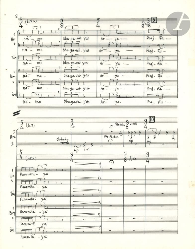 TÔN-THÂT Tiêt (né 1933). Manuscrit musical autographe, Prajña Paramita, 1988 ; 63 feuillets 37 x 27 cm.
Partition d’orchestre de cette œuvre pour 6 voix solistes et ensemble instrumental, commande du Festival d’Art sacré de Paris, créée le 17 octobre 1988, par l’Ensemble A Sei Voci et l’ensemble Alternance, sous la direction de Sandro Gorli. 
L’œuvre est écrite sur le Sutra de base du Bouddhisme : « Omnamo bhagavat yaï »… D’une durée de 27 minutes, elle est dédiée à Agnès et Jean-Marc Tapié de Céleyran.
L’orchestre comprend flûte, hautbois (et cor anglais), clarinette (et clarinette basse), cor, trombone, violon, violoncelle, et 2 percussionnistes.
Le manuscrit est soigneusement noté à l’encre de Chine sur papier calque Boissie à 18 lignes ; il est daté en fin « St Maur III 1988 ».
On joint le matériel autographe des 8 parties sur papier calque : Percussions I,II (12 p.), Flûte (4 p.), Trombone (5 p.), Cor (6 p.), Hautbois (cor anglais) (5 p.), Clarinette (6 p.), Violoncelle (5 p.), Violon (5 p.).