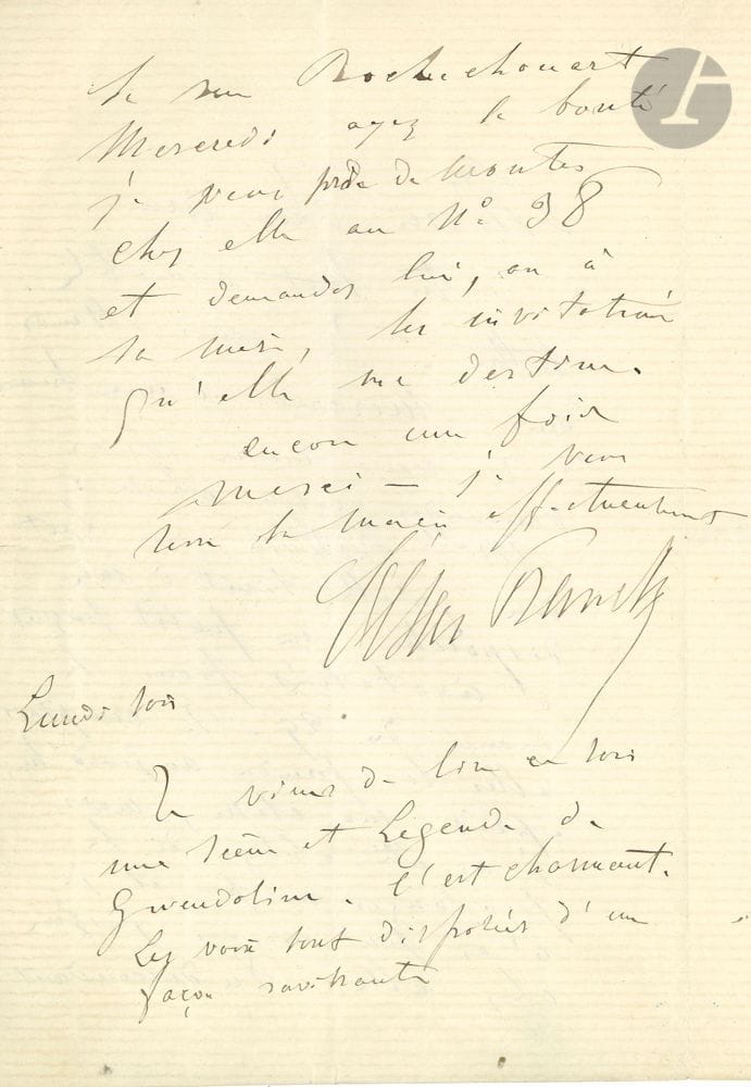 • [Emmanuel CHABRIER]. César FRANCK (1822-1890). L.A.S., [23 novembre 1885], à Emmanuel Chabrier ; 2 pages in-8. [85-27n.]
Il l’attend mercredi, et le prie de prendre en venant chez Mlle Poitevin [la pianiste qui a créé les Pièces pittoresques] les invitations pour le concert du 29… « Je viens de lire ce soir une scène et légende de Gwendoline. C’est charmant, les voix sont disposées d’une façon ravissante ».