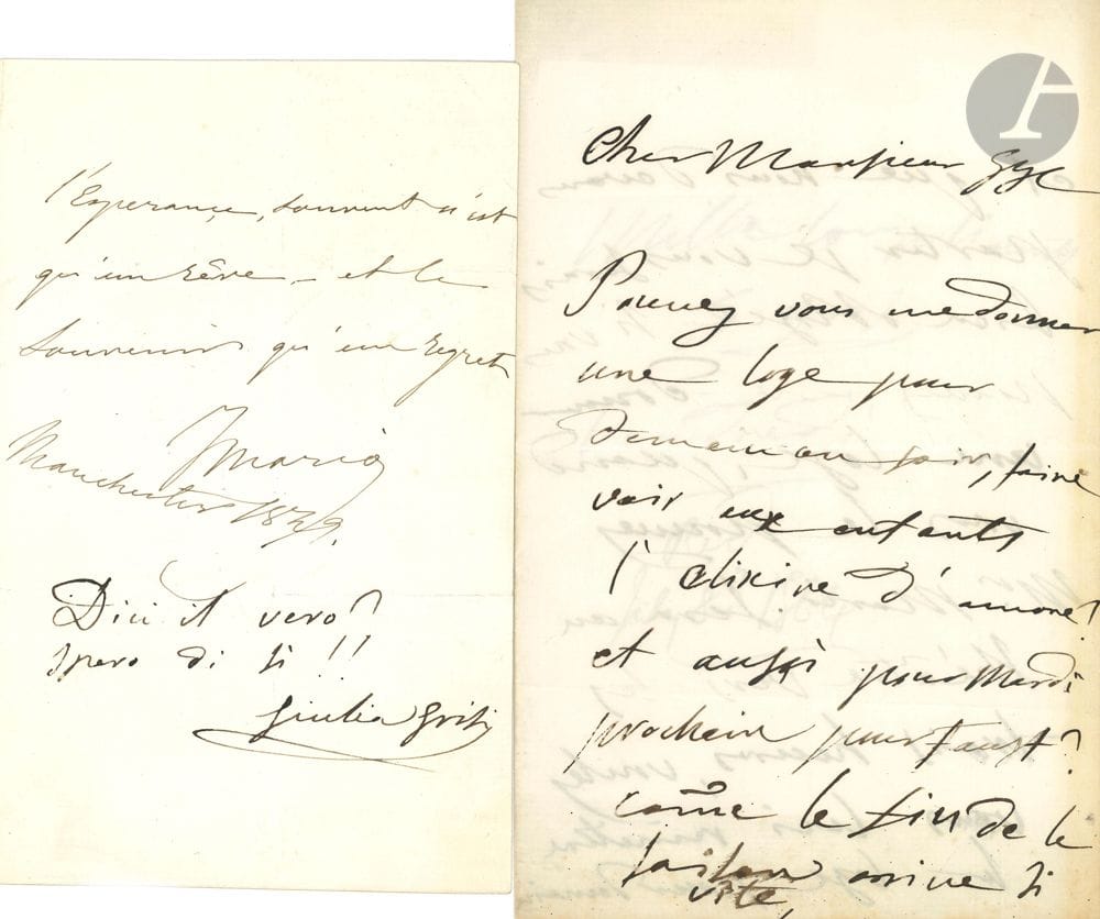 Giulia GRISI (1811-1860). 3 L.A.S., 1840-1864; 7 pages in-8, one envelope; 2 in Italian.
[London 27 July 1840], to Pierre Laporte (director of the Royal Italian Opera): she regrets not being able to sing Lucrezia Borgia, as her voice has not fully recovered... - 8 July, to a friend Augusto, instructing him to distribute the pensions for her father and mother... - [8 July 1864], to Frederick Gye, at the Royal Italian Opera in Lyceuù: "Can you give me a box for tomorrow evening, to show the children L'elixire d'amour? and also for next Tuesday for Faust?"...
Attached is a page of album a.s. by her and her husband the tenor MARIO (Manchester 1849), and a L.A.S. from Mario, London 29 January 1864, to Mr Mason, agreeing to sing at his Festival (portrait attached).
