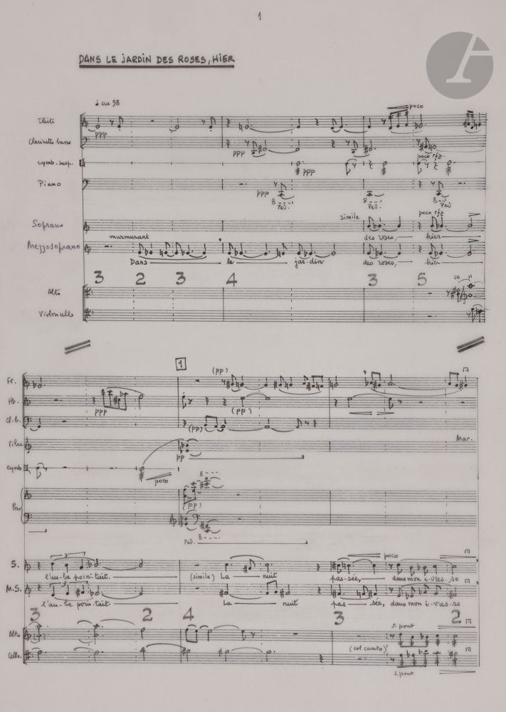 Lucien GUÉRINEL (né 1930). Manuscrit musical autographe, Amour pour soprano, mezzo-soprano et ensemble instrumental, 1994 ; 32 feuillets 36 x 26 cm.
Trois duos vocaux avec accompagnement instrumental, sur des poèmes de Hafiz, traduits en français par Pierre Seghers. La création eut lieu en 1995 à La Garde (Var), au théâtre Le Pavé, par Laure Florentin (soprano), Mireille Quercia (mezzo), et l’ensemble Télémaque sous la direction de Raoul Lay.
L’ensemble instrumental comprend : flûte, hautbois, clarinette basse, percussion, piano, alto, violoncelle.
Guérinel a mis en musique trois ghazels de Hafiz : I « Dans le jardin des roses hier »…, 5 minutes 40 environ, daté « Marseille, 30 sept. 93 – 18 janvier 94 » ; II « Dors-tu, Narcisse, qui me tentes ? »…, 6 minutes environ, daté « Marseille, Janvier 90 / Décembre 92 » ; III « Ô toi, pareille au matin ! »…, 6 minutes 30 environ, daté «  Marseille 30 septembre-14 novembre 1993 ».
Le manuscrit est soigneusement noté à l’encre de Chine sur papier calque, avec généralement deux systèmes de portées par page.