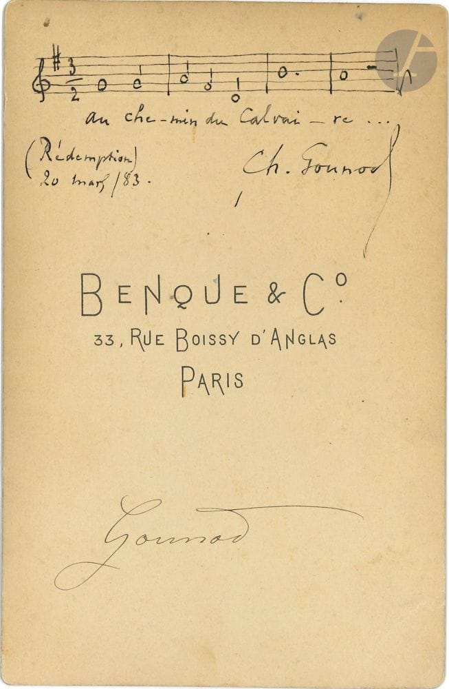 Charles GOUNOD. Photographie avec musique autographe signée ; 16,5 x 10,5 cm sur carton à la marque de Benque & C°.
Beau portrait par Benque, avec au dos 4 mesures de musique extraites de Rédemption, sur les paroles : « au chemin du Calvaire », avec signature et date autographes, « 20 mars  / 83 ».
On joint une L.A.S., 12 novembre 1855, à l’éditeur musical Meissonnier  (1 p. in-8 à en-tête Ville de Paris, Écoles Communales, Direction de l’Orphéon, adresse), demandant 100 exemplaires du chœur de Clapisson, Aux armes !, « pour mes grandes séances du Palais de l’Industrie »… ; et la partition impr. Oh ! That we two were maying, song (Londres, Duff & Stewart,1871), avec dédicace a.s. : « à ma petite amie Marianne Viardot. Ch. Gounod Lundi 12 Juillet  / 75 ».