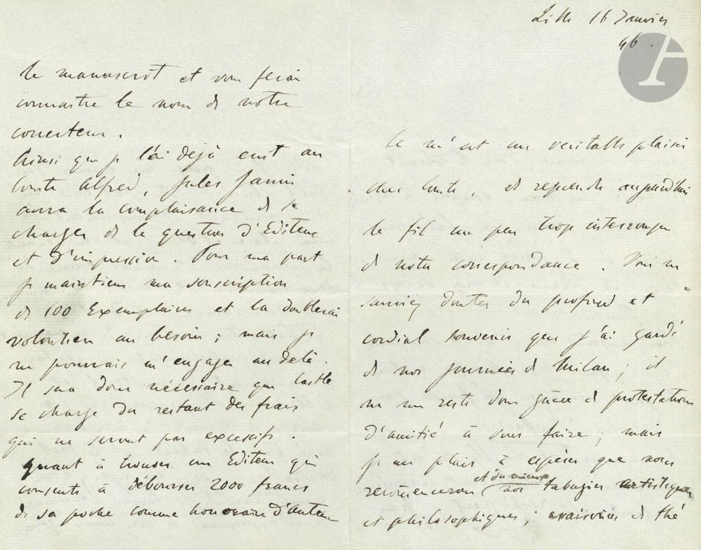 Franz LISZT. L.A. (end missing), Lille 16 January 1846, [to Count Gustave de Neipperg]; 4 pages in-8.
Curious letter about his interest in phrenology. [It mentions Dr. Michel Arthur Castle, who lived in Milan, author of some 2000 phrenological studies of living persons, including Liszt, and who counted Count Gustave de Neipperg among his disciples and admirers. Chapter XVI of the Voyage pittoresque en Italie. Partie septentrionale (1855) by Paul de Musset mentions, among the memories of Milan before 1848, Count de Neipperg, a follower of phrenology, and the visit they made to Dr. Castle, quoting at length the phrenological study Castle had devoted to Liszt. Castel published a Spiritualist Phrenology in 1862] 
 He kept a "deep and cordial memory [...] of our days in Milan; [...] I am pleased to hope that we shall begin again and as well as we can our artistic and philosophical tabagies; seasoned with gunpowder tea," for he intends to make the account "a visit of eight days between my stay in Vienna and my journey to Hungary."... But he wants to talk to him about the affair of the Castle Manuscript, received through Count Alfred Neipperg. "I do not apologize to you for having abused your patience so much by dealing so long with my sores and bumps [...] The publication in Paris of this manuscript absolutely requires some grammatical and literary reworking. The person I have entrusted with this task will carry it out with all the talent and tact that are desirable. You will be able to judge for yourself, for as soon as the work is finished I will hasten to send you the manuscript and let you know the name of our proofreader. [...] Jules Janin will be kind enough to take care of the question of the publisher and the printing. For my part I maintain my subscription of 100 copies and will gladly double it if necessary; but I could not commit myself beyond that. It will therefore be necessary for Castle to take care of the rest of the expenses, which will not be excessive. As for finding a publisher who will agree to pay 2,000 francs out of his own pocket as an author's fee [....] "