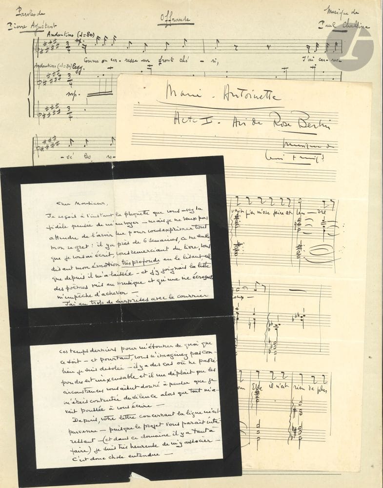 
MUSIC. 4 autograph musical manuscripts, and 25 L.A.S. addressed to Pierre Aguétant.



Melodies on poems by Pierre Aguétant, and letters received from musicians and songwriters by Pierre Aguétant (1890-1940), native of Bugey, novelist and poet.



Paul Challine (1907-1994), Offering : " Comme on caresse sur un front chéri "... (5 p. in-fol.). Francisque Darcieux (1880-1951), La Mort des Roses: "Retournons au jardin où les roses sont mortes"..., Paris March 1912 (3 p. in-fol.). Maurice Lenormand (1884-1981), Les Yeux clos : " Si j'étais le premier que la mort avertisse "..., Mâcon 27 juin 1923 (title and 4 p. in-fol.). Gaston J. Ripert, Le Poème de l'Automne, Invocations, adapted for cello and piano, Lyon 25 July 1913, dedicated to Marie-Louise Pascalin [future Mme Aguétant] (title and 3 p. oblong in-fol., plus cello part alone 1 p.).



Jean Belin (3, 1921-1930), Nadia Boulanger (3, 1919 and n.d.), Théodore Botrel (on postcard ill, 1911), Marius Casadesus (L'Orchestre de Paris, 1919), Charles Cuvillier (Valence 1917), Francisque Darcieux (2, 1918), Léon Frings (3, Bruxelles 1933, and musical ms a.s. extracted from his opera Marie-Antoinette, aria by Rose Bertin, 2 p. in-4; plus l.s. from his librettist Henri Liebrecht, and typescript of the libretto), Édouard Ganche, Germaine Lubin, Jules Massenet (1912), Xavier Privas (La Chanson pour tous, 1918), Gaston Selz, Edmond Teulet, Julien Tiersot (3, 1918-1919, and ms of 11 p. small in-4, on their opera project Blanchereine, with ms of the modified libretto), Jean Trimoulinard.
