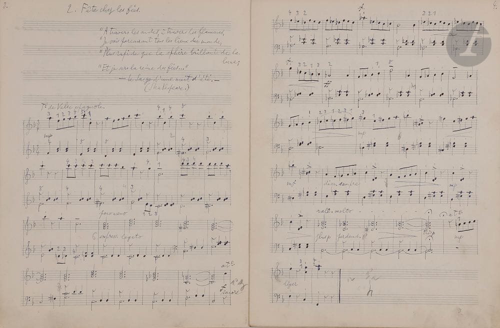 Henri CLIQUET-PLEYEL (1864-1963). Manuscrit musical autographe signé, Cliquettes pour petites mains, 1947 ; titre et 16 pages 32 x 24 cm en cahier.
Suite de sept pièces enfantines pour piano, composées en 1947, et éditées chez Jobert en 1961. Les Cliquettes « ne versent jamais dans la niaiserie. C’est dire que leurs thèmes sont originaux, que leurs harmonies sortent des fades cadences où l’on croit devoir confiner les jeunes oreilles. Ces sept morceaux sont cousus d’un simple fil, celui d’un rêve » (Guy Sacre).
Le manuscrit est noté à l’encre noire sur papier à 12 lignes. Il est signé en fin et daté 1947. De nombreux doigtés sont indiqués. On relève une mesure biffée et corrigée en deux mesures. Chaque pièce est précédée d’une épigraphe poétique.
1. Le début du rêve, « Quand on a peur des loups, du froid, de la tempête, / Cher petit oreiller, qu’on est bien pour dormir ! » (Marceline Desbordes-Valmore), Moderato. 2. Fête chez les fées, « À travers les ondes, à travers les flammes, Je vais parcourant tous les lieux du monde, Plus rapide que la sphère brillante de la lune ; Et je sers la reine des fées » Le Songe d’une nuit d’été (Shakespeare), T° de valse espagnole. 3. Le souper, « Ensuite les tables furent couvertes de viandes : moutons entiers cuits au vin doux, gigots de chamelles et de buffles, cigales frites et loirs confits », Salammbô (G. Flaubert), Allegretto moderato. 4. Colin-Maillard, « Et nous aimions ce jeu de dupes » (Pau Verlaine), Vivace. 5. La fontaine miraculeuse, « Depuis que le roi est presque aveugle lui-même, on n’y vient plus »…, Pelléas et Mélisande (M. Maeterlinck), Très modéré, expressif. 6. Le soldat de bois, « La guerre de Troie n’aura pas lieu » (Jean Giraudoux), Décidé. 7. Le réveil, « Maintenant, tu ne peux pas savoir, tout est déjà rose, jaune, vert. Il faut te lever tôt, nourrice, si tu veux voir un monde sans couleurs », Antigone (Jean Anouilh), Andantino poco tranquillo.
On joint un exemplaire de l’édition (éditions Jean Jobert, 1961).