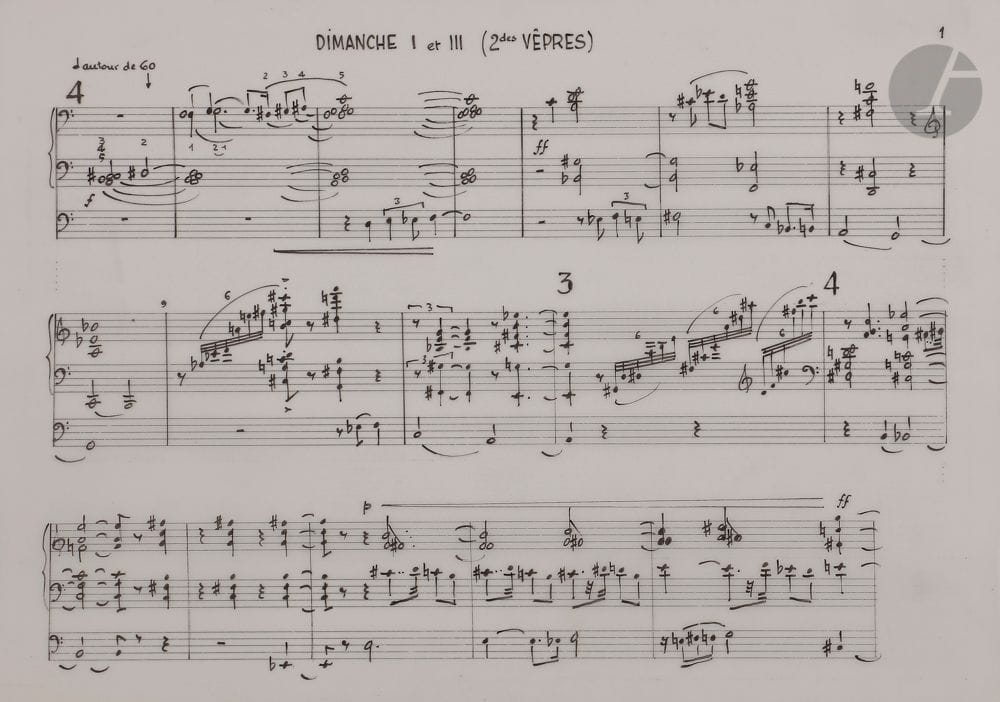 Lucien GUÉRINEL (born 1930). Autograph musical manuscript, Vespers for organ, 1999; 26 sheets 21 x 30 cm.
The Vespers for organ were premiered in 2000 in the Cathedral la Major in Marseille by Philippe Gueit.
They last 26 minutes 30 and include: Sunday I and III (2nd Vespers), Psalm 109, Psalm 113, The Marriage of the Lamb, The Word of God.
The manuscript is carefully notated in India ink on oblong sheets of tracing paper, usually with 3 systems of 3 staves per page; it is dated at the end "Marseille, 26 November 1999".