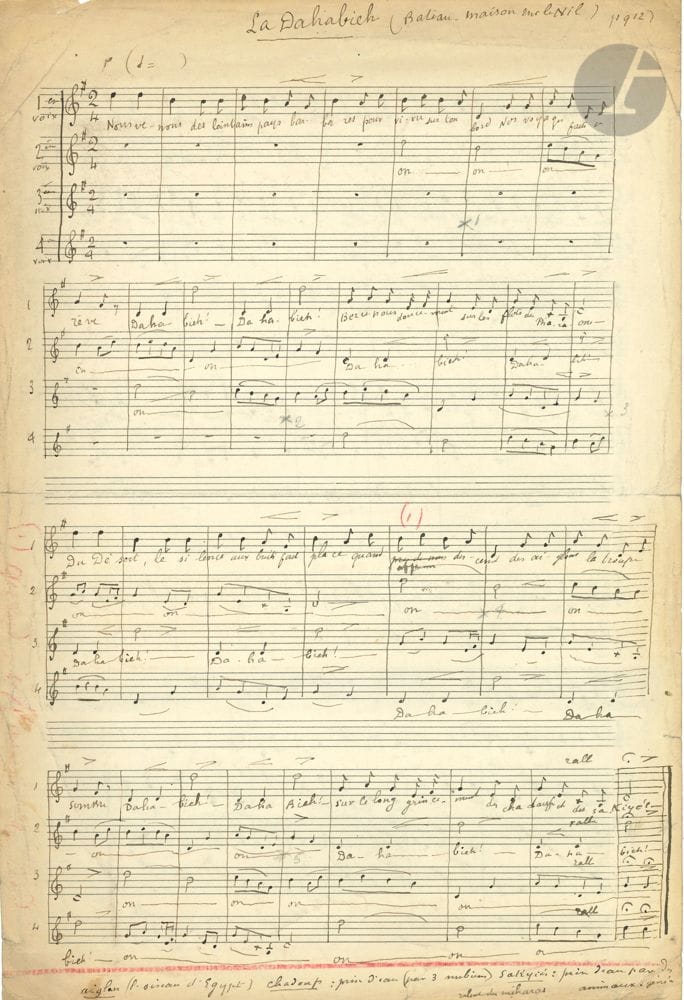 • Paul DUPIN (1865-1949). Manuscrit musical autographe, et 2 L.A.S. à Jean Farger, [1948] ; 2 pages in-fol. (lég. fentes au pli) et 2 p. ½ in-12, enveloppe.
Deux chœurs à 4 voix : La Dahabieh (bateau maison sur le Nil), 1912 : « Nous venons des lointains pays barbares »… ; et Trébéron : « Toi qui nous est rendu Eden lointain »…
« J’ai surtout fréquenté des peintres passionnément musiciens qui, par leur influence personnelle et des festivals, bien mis au point, m’ont valu des éditeurs très cultivés, très musiciens, avant tout compréhensifs ». Il loue le dévouement de Roger Delage « musicien très doué ». Il copie une ligne de musique de son canon Bienvenue à Madeleine.
On joint une L.A.S. de Romain ROLLAND, 19 juin 1910, concernant Paul Dupin et les intentions favorables d’Albert Meyer May à son égard (1 p. ½ in-8.