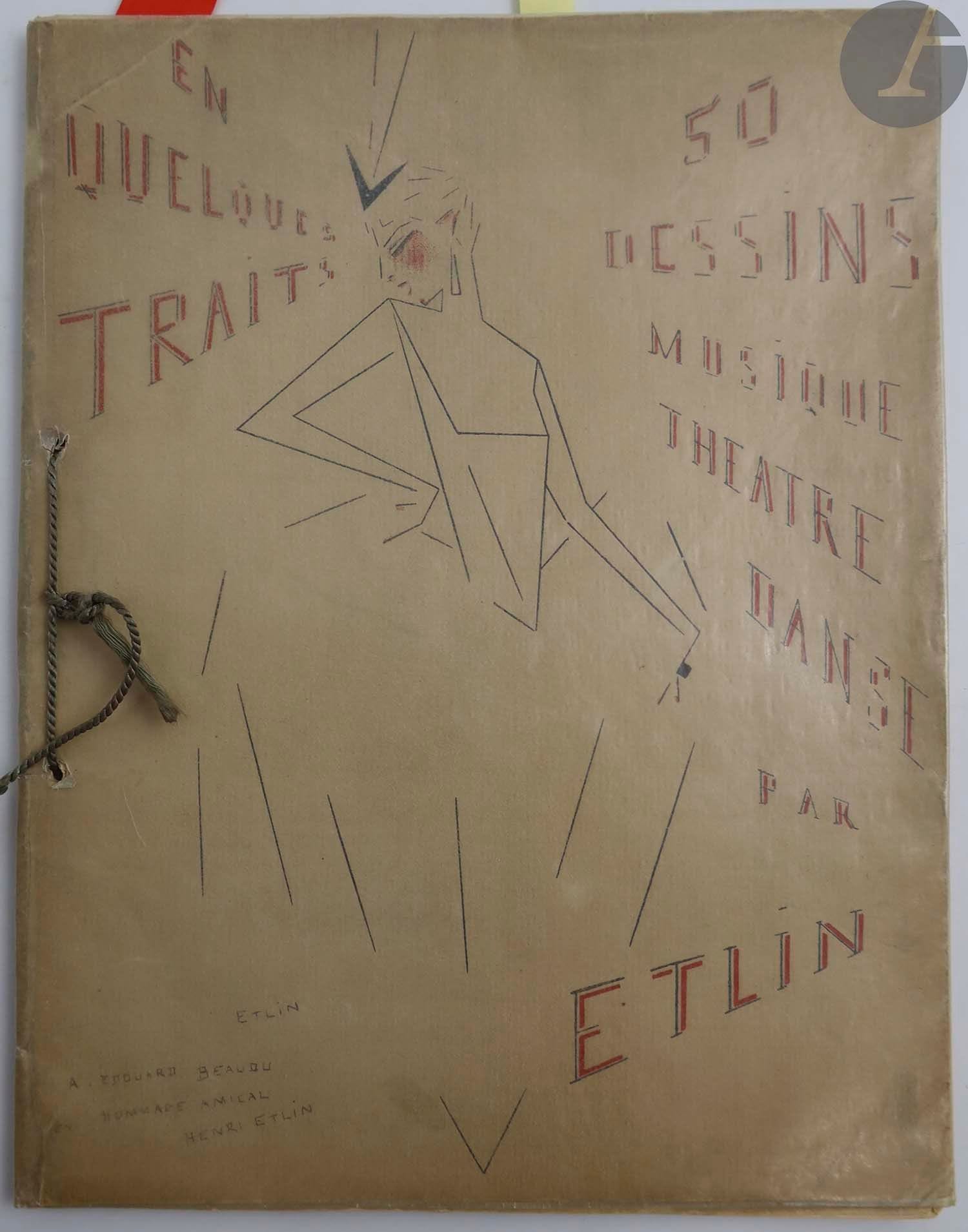 ETLIN (Henri).
En quelques traits. 50 dessins. Musique. Théâtre. Danse.
S.l., [vers 1922]. — Album in-4, 318 x 247 : (24 ff.), couverture illustrée. En feuilles tenues par une cordelette.

Album extrêmement rare proposant plus de 50 portraits de personnalités du monde du spectacle parmi les plus connues des années 20, réalisé par le dessinateur et pianiste Henri ETLIN (1886-1951).

Il s'agit de caricatures très épurées, représentant notamment Camille Saint-Saëns, Gabriel Fauré, Pierné, Reynaldo-Hahn, Isadora Duncan, Ida Rubinstein, Colette, Lucien et Sacha Guitry, Sarah Bernhardt, Cécile Sorel, Mistinguett, etc.

Nous n'avons trouvé aucun exemplaire de cet album passé en vente. Un seul exemplaire figure au catalogue du Worldcat, conservé à la BNF.
Exemplaire très bien conservé, malgré de légères salissures à la couverture.
