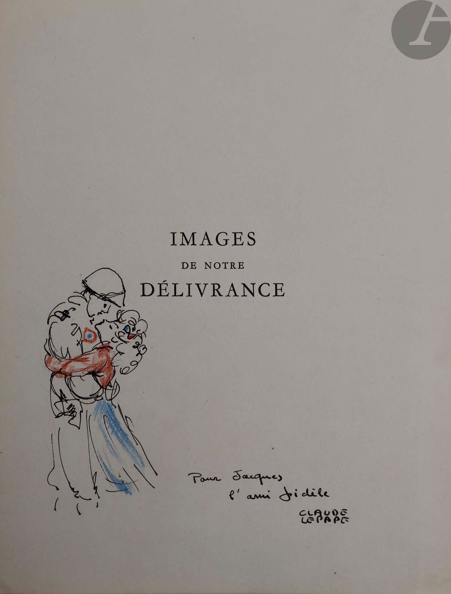 DUHAMEL (Georges) - LEPAPE (Claude).
Images de notre délivrance.
Paris : Éditions du Pavois, [1944]. — In-4, en feuilles, chemise et étui de l'éditeur.

Édition tirée à 1050 exemplaires, illustrée de 27 compositions de Claude LEPAPE, dont 17 dessins reproduits dans le texte et 10 eaux-fortes en couleurs hors texte.

Exemplaire hors tirage, imprimé sur vélin de Rives pour Claude Lepape, enrichi d'un envoi de ce dernier adressé à Jacques Crépineau, accompagné d'un dessin original, de 2 suites des eaux-fortes dont une en noir sur vélin de Rives et l'autre en partie en couleurs sur Angkor, de deux lithographies en couleurs et de 4 dessins originaux de l'artiste dont 2 ayant servi à l'illustration du livre.

Dos de la chemise et bords de l'étui brunis. Piqûres sur la couverture.