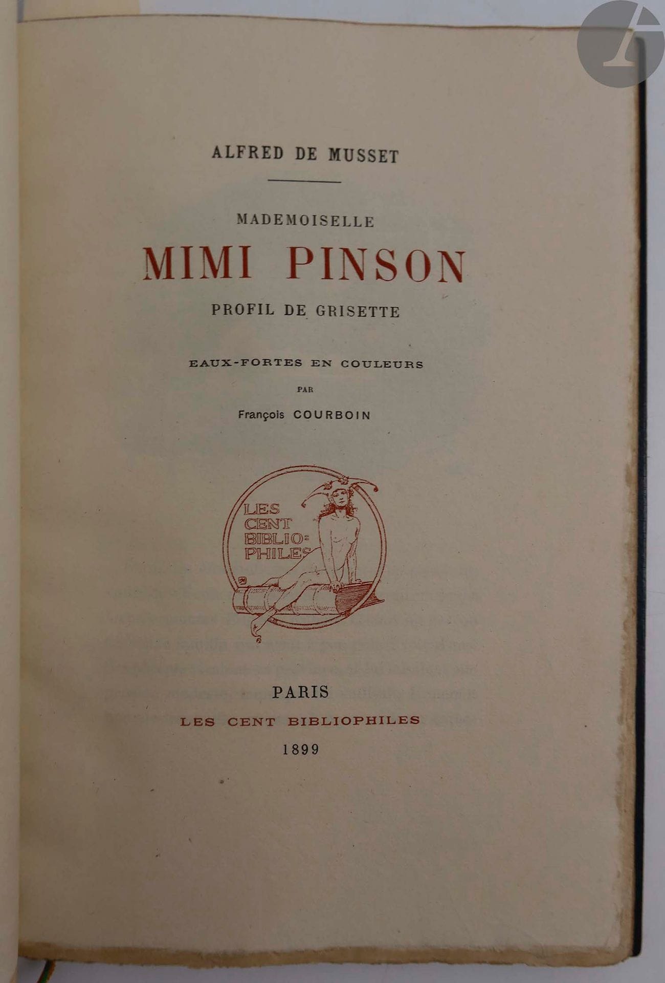 MUSSET (Alfred de) - COURBOIN (François).
Mademoiselle Mimi Pinson. Profil de grisette.
Paris : Les Cent bibliophiles, 1899. — In-8, maroquin vert foncé, filets dorés en encadrement et fleuron doré aux angles sur les plats, dos à nerfs orné, doublures de maroquin rouge orné de filets dorés en encadrement, gardes de soie brochée, doubles gardes, non rogné, couverture conservée, étui (Noulhac).

Belle édition illustrée de 20 eaux-fortes en couleurs de François COURBOIN, dont 2 sur la couverture.

Tirage à 115 exemplaires numérotés sur papier vergé (n° 80), celui-ci spécialement imprimé pour le bibliophile Alfred Piet, enrichi d'une suite en noir des illustrations.

Très bel exemplaire en reliure doublée de Noulhac.
Provenance : Alfred Piet. - Suzanne Courtois, avec ex-libris.