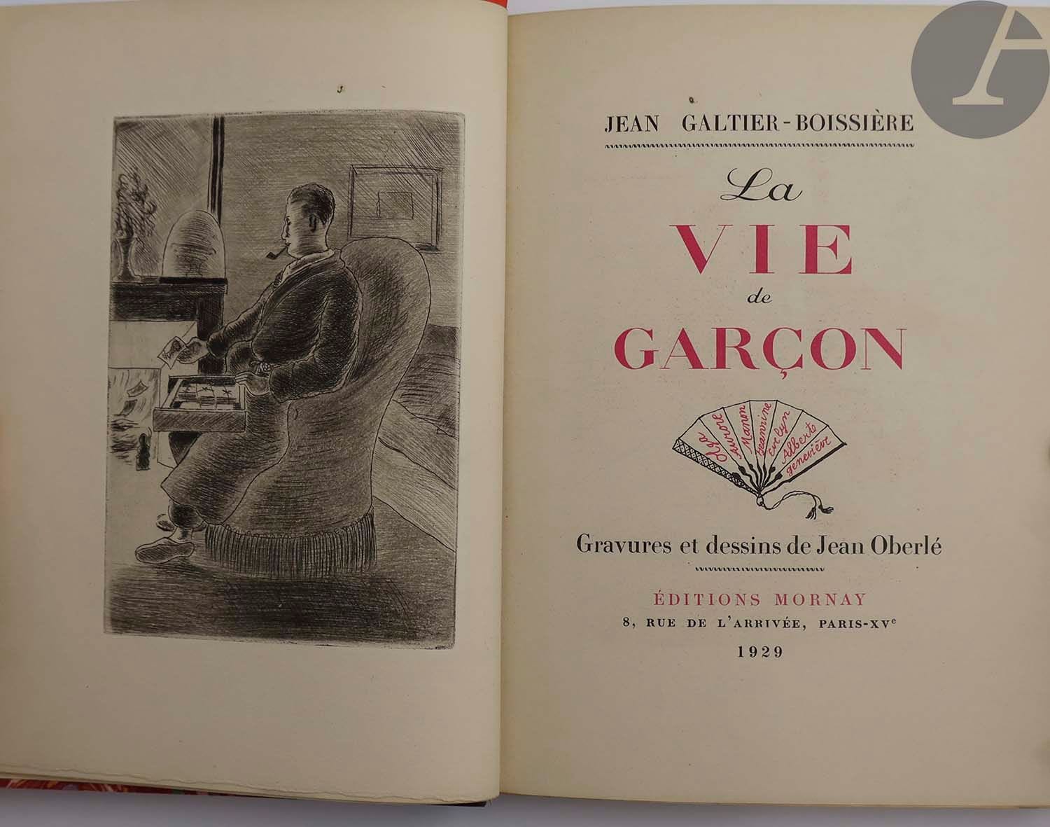 GALTIER-BOISSIÈRE (Jean) - OBERLÉ (Jean).
La Vie de garçon.
Paris : Éditions Mornay, 1929. — In-8, 198 x 150 : frontispice, (6 ff. 3 premiers blancs), 224 pp., (4 ff. 3 derniers blancs), 7 planches, couverture illustrée. Demi-maroquin grenat à long grain, dos à nerfs, tête dorée, non rogné, couverture et dos conservés (reliure moderne).

Édition originale dédiée à Jean Cocteau, illustrée de 8 eaux-fortes originales hors texte et de 26 dessins reproduits dans le texte et à pleine page, réalisés par Jean OBERLÉ.

Un des 900 exemplaires numérotés sur vélin de Rives (n° 822).

Exemplaire de l'auteur, enrichi d'un beau portrait original de ce dernier, représenté de profil fumant la pipe, aquarellé par Jean Oberlé, portant cette dédicace : à Jean // en souvenir // du // bon temps.
On a relié en tête un manuscrit autographe de Jean Galtier-Boissière, de deux pages in-4, comprenant quelques ratures, sans rapport apparemment avec l'ouvrage.

Dos légèrement éclairci.