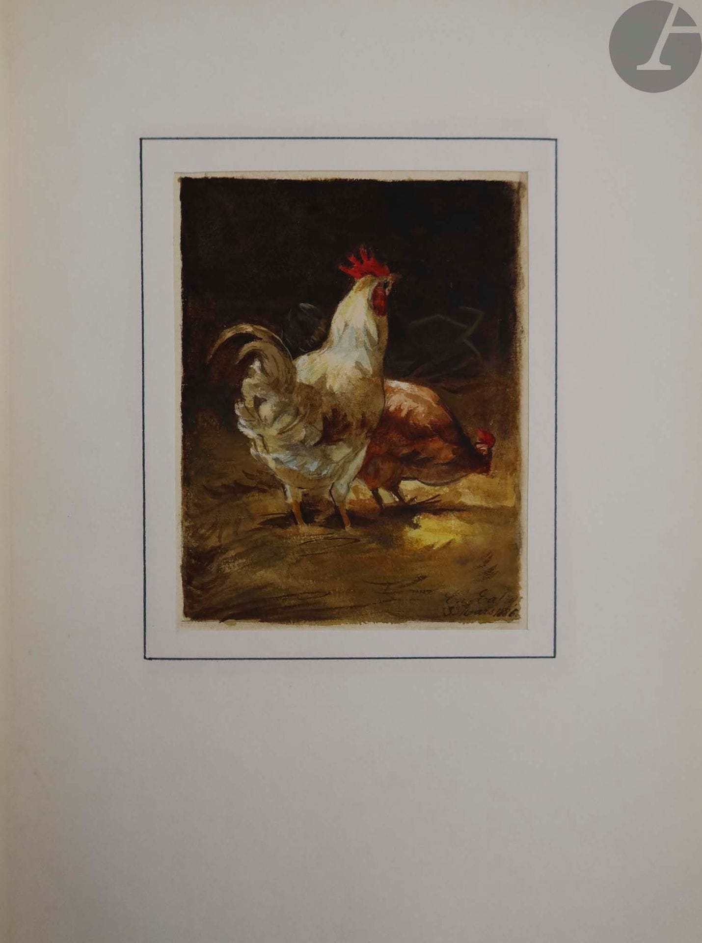 RENARD (Jules) - TOULOUSE-LAUTREC (Henri de).
Histoires Naturelles.
Paris : Librairie Floury, 1949. — In-4, toile verte à la bradel, dos lisse, tête dorée, non rogné, couverture et dos conservés (Ad. Lavaux).

Cette édition est le fac-similé de l'édition de 1899, exécuté par Daniel Jacomet, avec la reproduction de 22 belles lithographies de Toulouse-Lautrec.

Tirage à 1350 exemplaires, celui-ci étant l'un des 1250 sur vélin de Renage.

Exemplaire enrichi des pièces suivantes :
- deux très belles gouaches originales signées Ch. Catry (?), respectivement datées du 3 mars et du 24 février 1886, représentant chacune un coq et une poule (13,5 x 10,5 cm environ),
- L.A.S. de Jules Renard, une page in-4, adressée à M. Klein, entrepreneur de serrurerie, datée du 4 août 1891,
- tapuscrit original d'un texte de Pierre Descaves intitulé Jules Renard et son Théâtre, 8 pages in-4, avec corrections autographes de l'auteur.

Toutes ces pièces sont montées dans l'exemplaire.