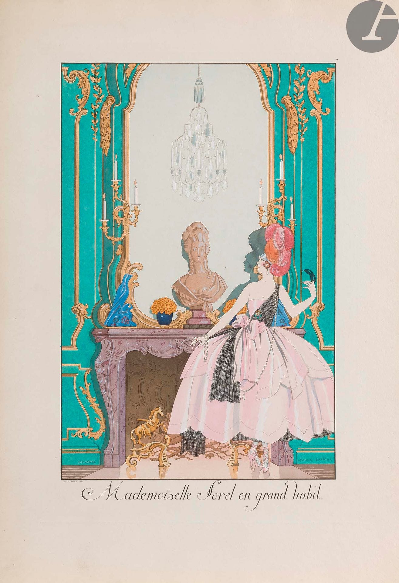 George BARBIER (1882-1932)
Mademoiselle Sorel en grand habit, 1921 dans Le Bonheur du Jour ou les Grâces de la Mode
Pochoir.
Signé et daté dans la planche. Titré en pied.
H. Reidel graveur.
44.5 x 31 cm
- Exposition : 
George Barbier, The Birth of Art Deco, Museo Fortuny, Venise, 30 août 2008 - 5 janvier 2009, n° 5.65.

On joint : 
Adrienne Lecouvreur, un opéra de Francesco Cilea
Affiche en couleurs.
29 x 40 cm à vue
Encadrée.