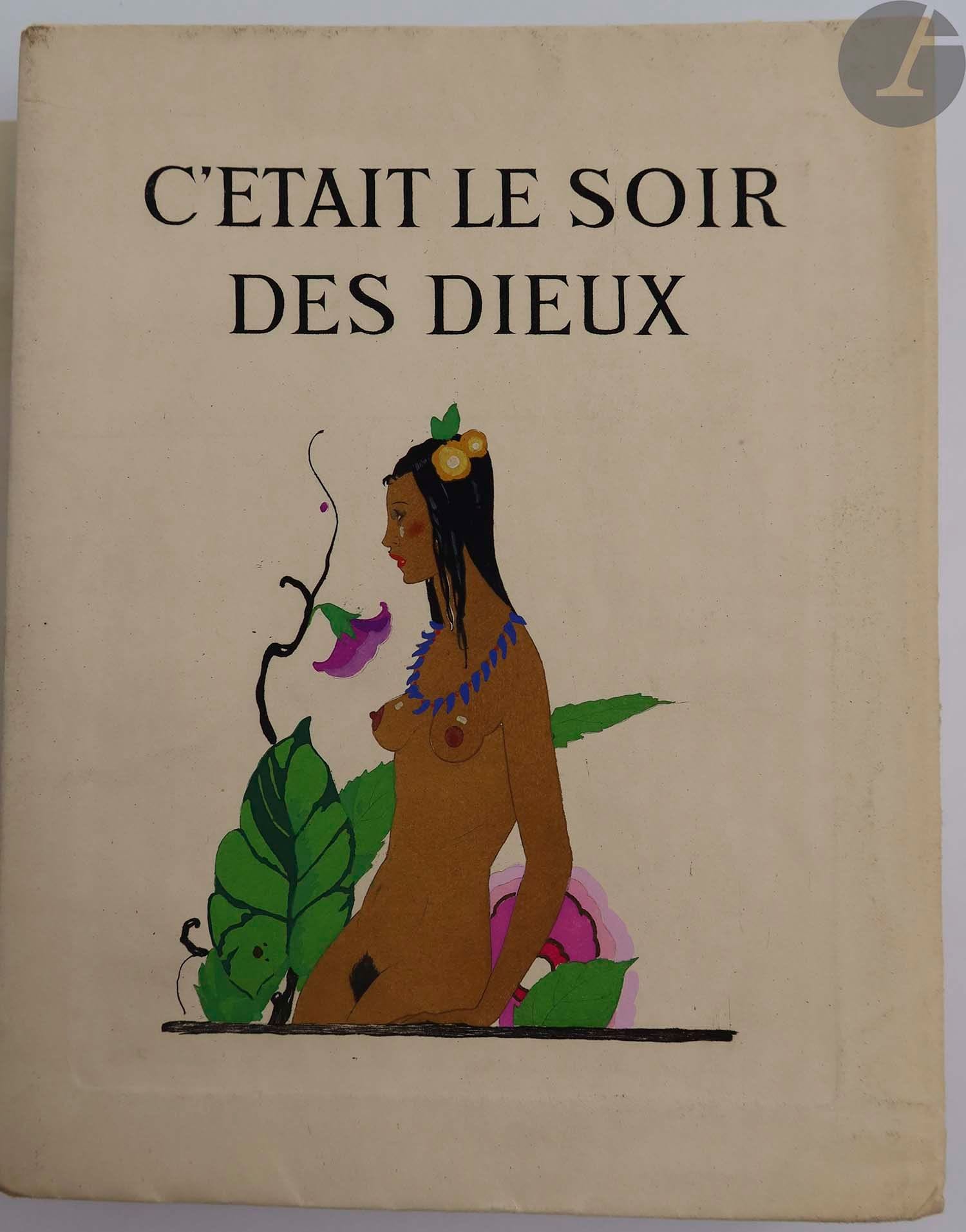 DORSENNE (Jean) - BRUNELLESCHI (Umberto).
C'était le soir des Dieux.
Paris : Éditions Mornay, 1926. — In-8, 208 x 161 : (2 ff.), 232 pp., (4 ff. 2 derniers blancs), 12 planches, couverture illustrée. Broché, couverture rempliée.

Édition originale de ce bel ouvrage de Jean Dorsenne, pseudonyme de Jean Troufleau, consacré à Tahiti et son histoire, île où l'auteur vécut de 1921 à 1925 comme attaché notarial et journaliste.

Tirée à 463 exemplaires, l'édition est illustrée de 13 superbes compositions d'Umberto BRUNELLESCHI, dont une sur la couverture et 12 hors texte gravées sur cuivre par Gorvel, ainsi que de nombreux ornements tahitiens de Maurice L'Hoir, le tout mis en couleurs par Saudé.

Un des 350 exemplaires sur Hollande à la forme (n° 332), bien conservé.