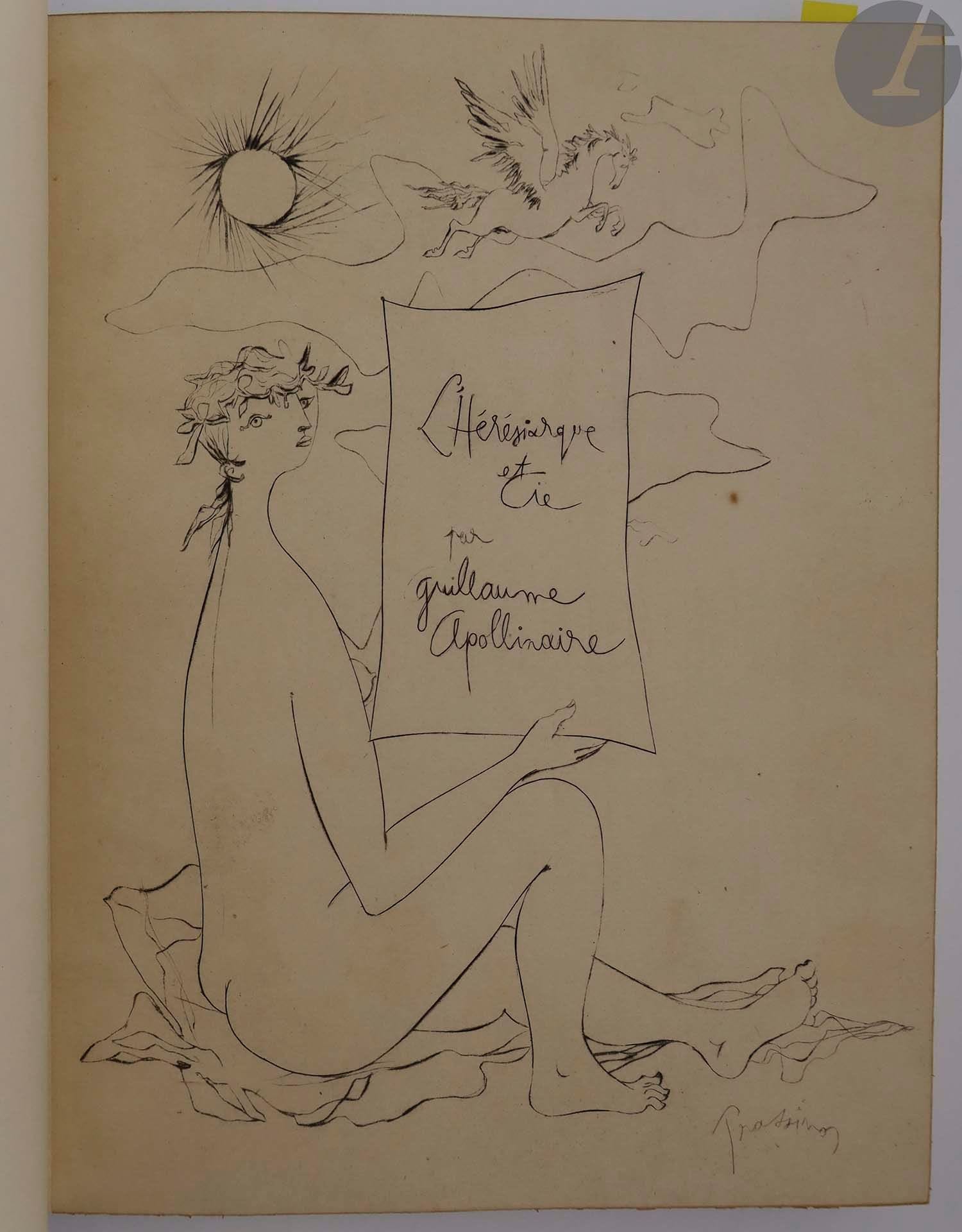 APOLLINAIRE (Guillaume).
L'Hérésiarque et Cie.
Paris : Stock, [1945]. — In-4, 245 x 185 : 291 pp., (4 ff. dernier blanc), couverture illustrée. Maroquin beige, plats en majorité couverts d'un papier multicolore peint à la main, doublures de toile vert foncé, gardes de toile grise, tête dorée, non rogné, couverture et dos conservés (Manuel Gérard).

Belle édition tirée à 370 exemplaires, illustrée de 13 pointes-sèches de Mario PRASSINOS (1916-1985), dont une sur la couverture, une en frontispice, représentant un portrait de l'auteur, et 11 à pleine page.

Un des 350 exemplaires sur vélin chiffon du Marais (n° 337).

Très belle reliure de Manuel Gérard.