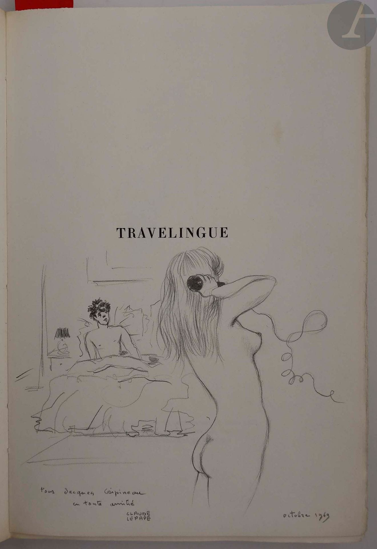 AYMÉ (Marcel) - LEPAPE (Claude)
Travelingue. Roman.
Paris. NRF, Gallimard, 1945. — In-4, broché, couverture rempliée, chemise et étui de l'éditeur.

Première édition illustrée, tirée à 401 exemplaires, ornée de 55 eaux-fortes dans le texte de Claude LEPAPE.

Un des 370 exemplaires sur vélin de Rives B.F.K. (n° 155).

Envoi de l'artiste sur le faux titre à Jacques Crépineau, daté d'octobre 1969 et accompagné d'un beau dessin au crayon.

Exemplaire enrichi en tête de 5 petits croquis de portraits et d'un dessin original à l'encre de Chine de Lepape, et à part sous une couverture de papier havane, de neuf croquis originaux de l'artiste ayant servi à l'illustration, d'une L.A.S. du même adressée à Jacques Crépineau et de 65 épreuves d'états des illustrations sur différents papiers.

Exemplaire très bien conservé.