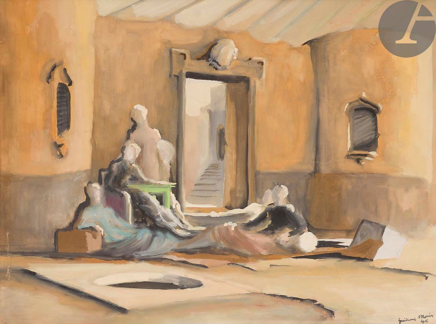 Guillaume MONIN (1908-1978)
Famille portugaise, 1945
Gouache.
Signée et datée en bas à droite. 
Titrée au dos. 
(Déchirures).
50 x 65.5 cm