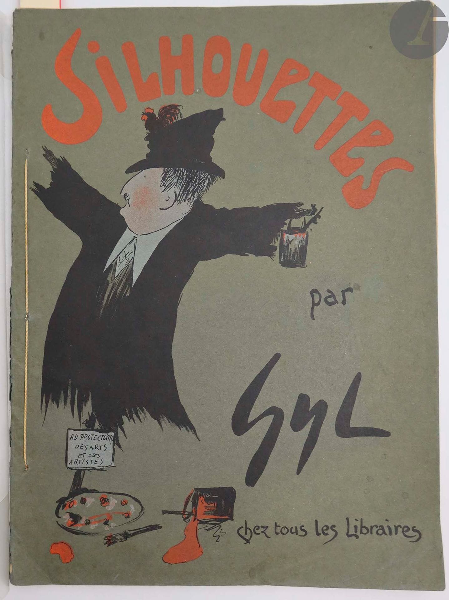GYL.
Silhouettes.
[Caen] : Chez tous les Libraires, [1906]. — Album in-folio, broché.

Très rare album de caricatures préfacé par Arthur Marye, proposant 24 planches en couleurs, une composition sur la couverture et trois accompagnant la préface, réalisées par le dessinateur et caricaturiste normand Henri Goubot dit GYL (1881-1919). 

Cet artiste de talent collabora à plusieurs journaux de l'époque tels que La Vie parisienne, Comœdia illustré ou encore Le Rire. Il conçut cet album en 1906, qui fut censuré et retiré de la vente.

Exemplaire très bien conservé malgré des déchirures au dos. Rousseurs à l'angle inférieur du premier feuillet.