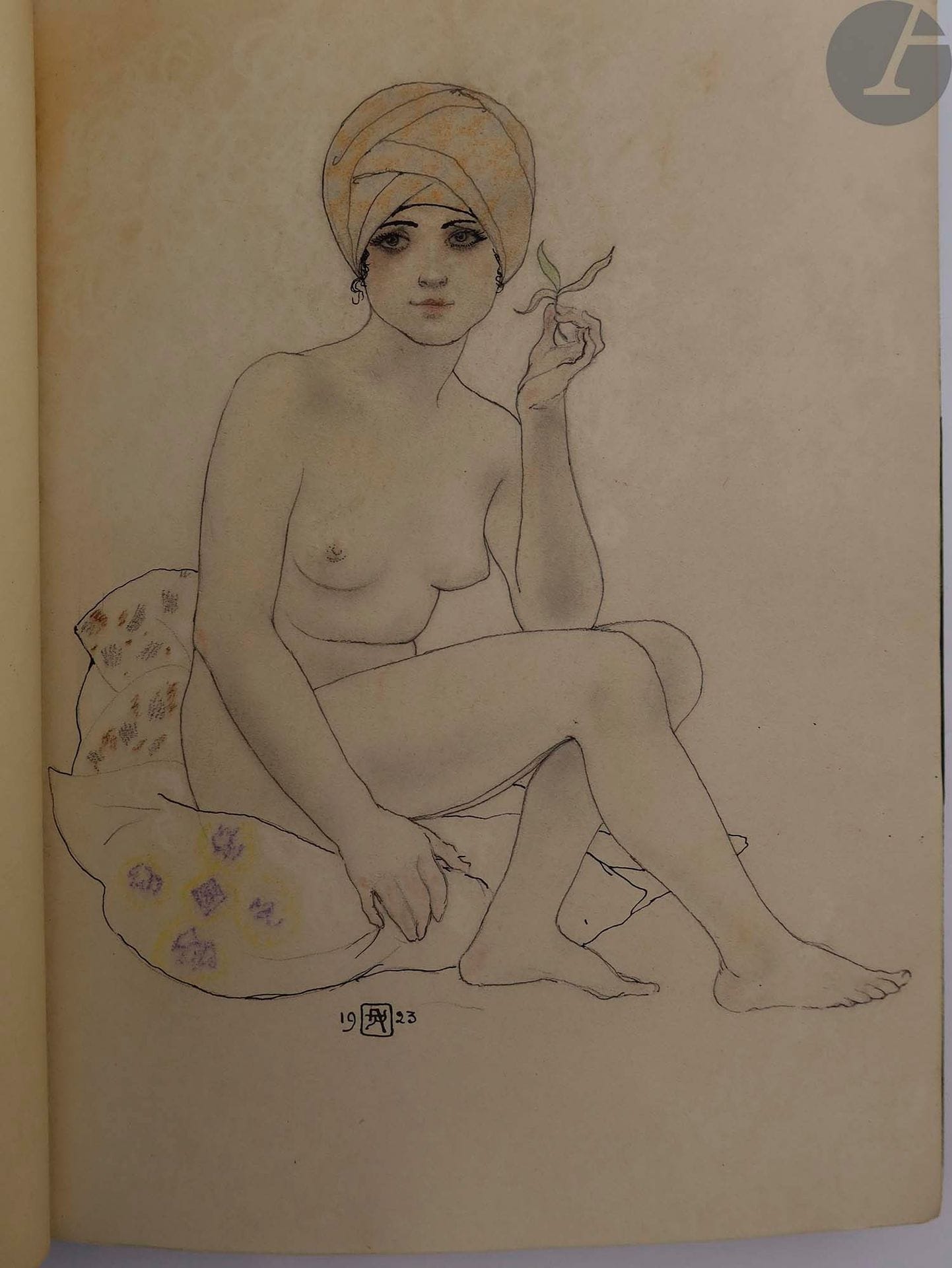 FARRÈRE (Claude) - RASSENFOSSE (Armand).
Shahra Sultane ou Les sanglantes amours authentiques et mirifiques de Sultan Shah'Riar, roi de la Perse et de la Chine, et de Shahrâ sultane, héroïne.
Paris : Dorbon-aîné, [1923]. — In-4, 270 x 200 : 70 pp., (4 ff. dernier blanc), couverture illustrée. Demi-maroquin vert foncé à coins, dos à nerfs, tête dorée, non rogné, couverture et dos conservés (P. Saillier).

Édition originale de ce conte, illustrée de belles compositions en couleurs dans le texte d’Armand Rassenfosse.
Elle fut tirée à 550 exemplaires ; celui-ci est l'un des 100 comprenant une suite des illustrations avant la lettre sur fond teinté.

Bel exemplaire enrichi d'un très beau dessin original en couleurs signé de Rassenfosse.
Dos légèrement passé.