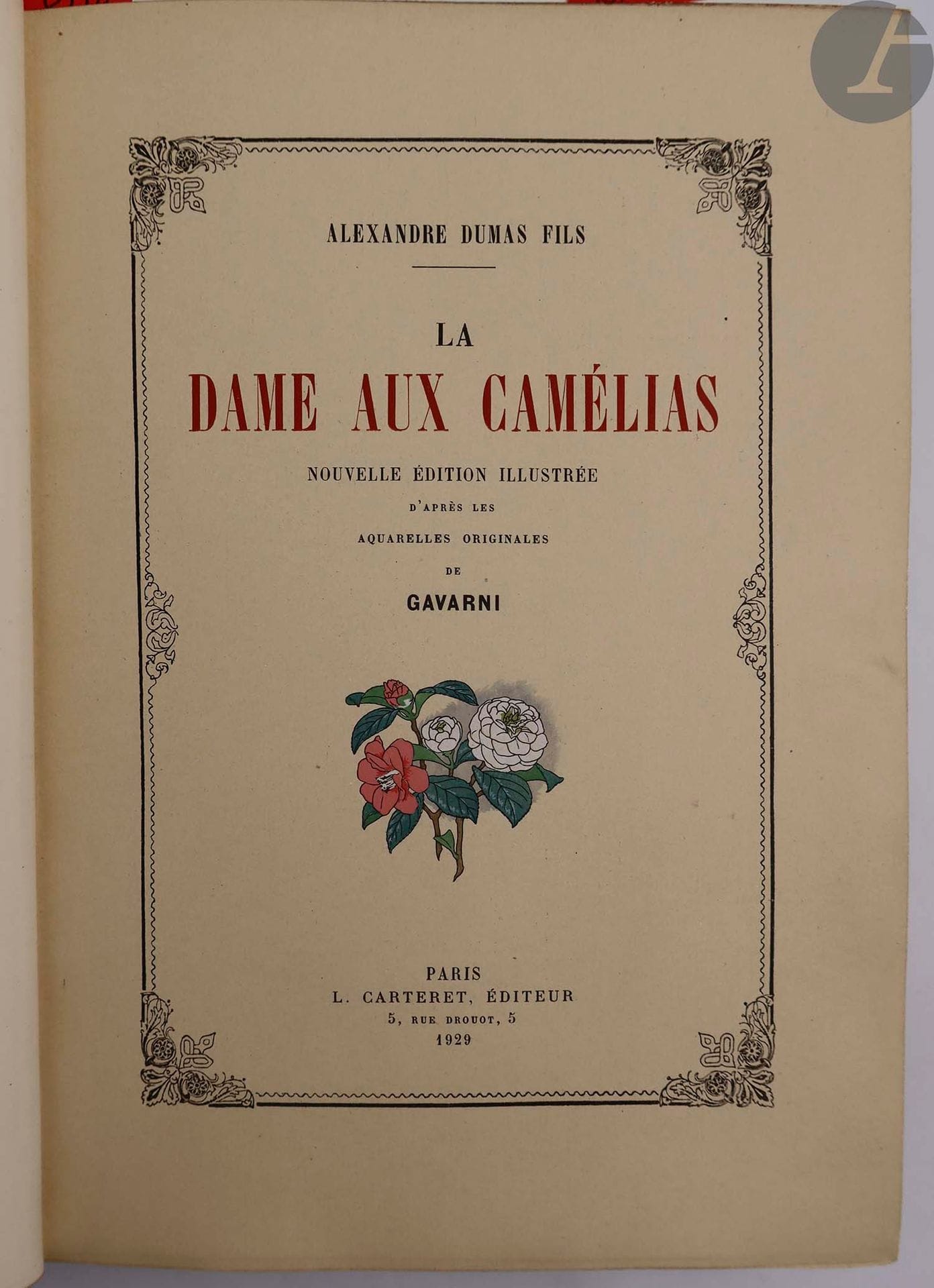 DUMAS FILS (Alexandre).
La Dame aux camélias.
Paris : L. Carteret, 1929. — In-4, 285 x 200 : (4 ff. 2 premiers blancs), 297 pp., (3 ff. 2 derniers blancs), 20 planches, couverture illustrée. Maroquin bleu foncé à long grain, dos à nerfs orné de filets dorés, cadre de maroquin bleu foncé à l'intérieur, orné de filets dorés et à froid, doublures et gardes de soie bleu foncé, doubles gardes, tranches dorées sur témoins, couverture et dos conservés, étui (G. Cretté succ. de Marius Michel).

Nouvelle édition tirée à 175 exemplaires numérotés sur vélin de Rives (n° 161), illustrée de 20 aquarelles hors texte de Gavarni, reproduites en fac-similé et imprimées en couleurs à la poupée par A. Porcabeuf. Ces figures avaient paru dans l'édition Havard de 1858, mais gravées sur bois en noir.

Dos passé, quelques frottements d'usage.