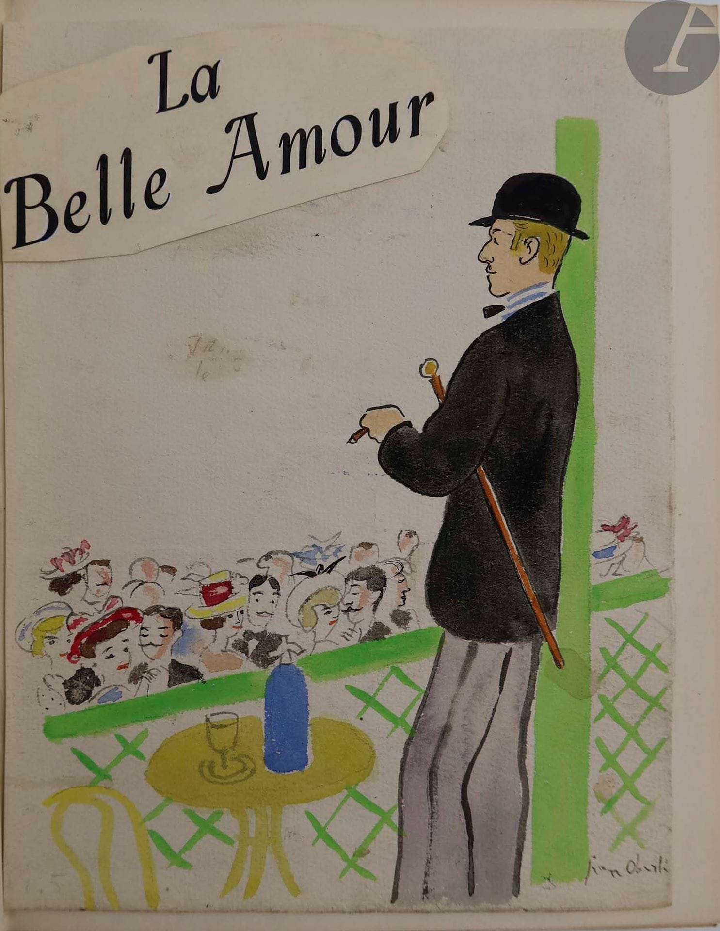 GALTIER-BOISSIÈRE (Jean) - OBERLÉ (Jean).
La Belle amour.
Paris : Librairie Gründ, [1945]. — In-8, parchemin blanc à la bradel, dos lisse, tête dorée, non rogné, couverture et dos conservés (reliure de l'époque).

Nouvelle édition tirée à 500 exemplaires, illustrée de près de 50 compositions de Jean OBERLÉ, dont 2 en couleurs sur la couverture et en frontispice.

Un des 450 exemplaires sur vélin blanc des Papeteries Aussedat (n° 89), enrichi du dessin original signé de la couverture et d'un double envoi de l'auteur et de l'illustrateur adressé à Charlotte, épouse de l'auteur :

« A Charlotte // ces histoires qui ne sont pas de la „Belle Époque” // puisqu'elles ne sont pas de la sienne // son // Jean »

« Chère Charlotte, parfaite maîtresse // de maison, en toutes saisons // Jean »

Jean Oberlé a accompagné sa dédicace d'un dessin original à la plume.