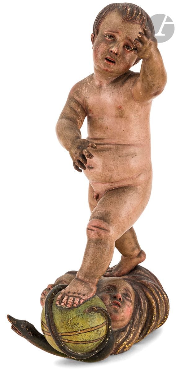 Enfant Jésus terrassant l’hérésie en bois de résineux sculpté en ronde bosse, polychromé et doré, yeux en verre.
Espagne, XIXe siècle
H : 54 cm
(petits manques aux mains, manques au serpent)