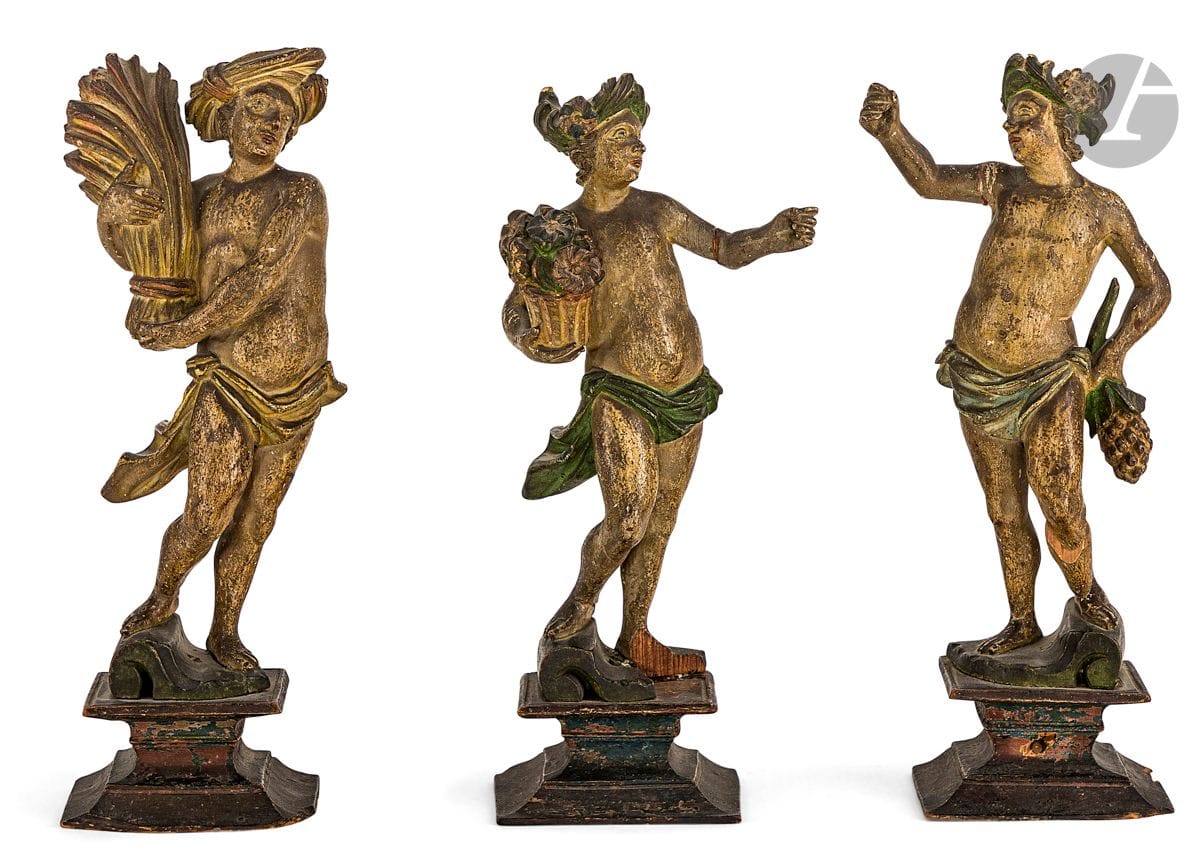 Italie du Nord, début du XVIIIe siècle
Suite d’allégorie des Saisons (Hiver manquant)
Trois statuettes en bois polychromé
H. 26, 25,5 et 25 cm
Accidents, manques et restaurations