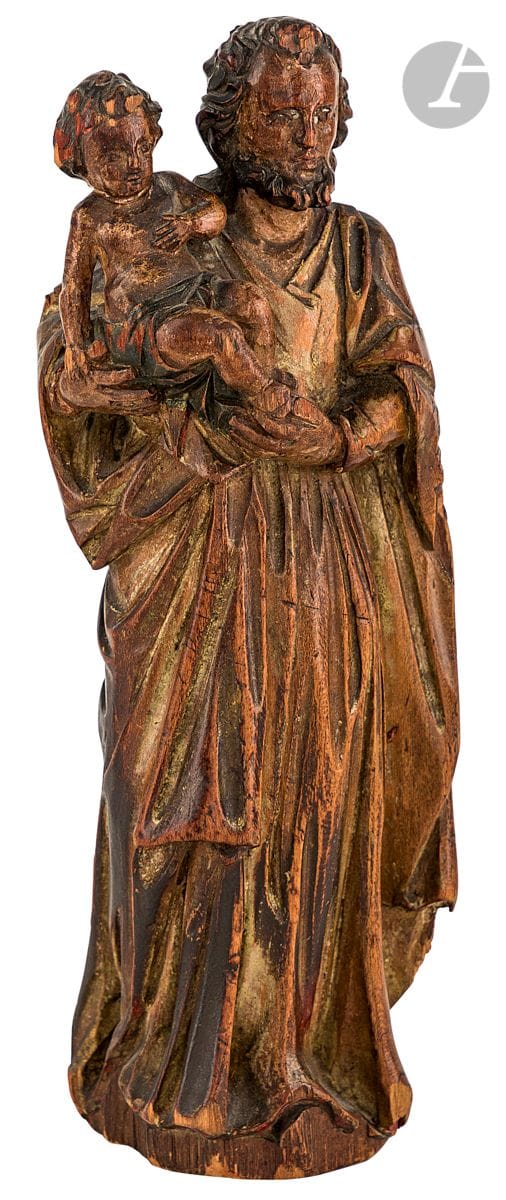Saint Joseph en bois fruitier sculpté en ronde-bosse.
XVIIe siècle
H : 27,5 cm
(quelques accidents visibles)