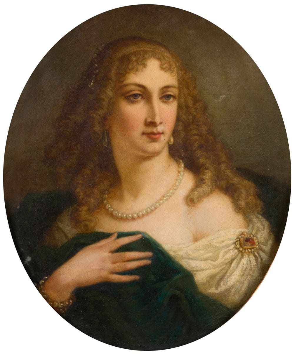 École FRANÇAISE du XIXe siècle
Portrait de femme au collier de perles
Toile ovale
65 x 54 cm