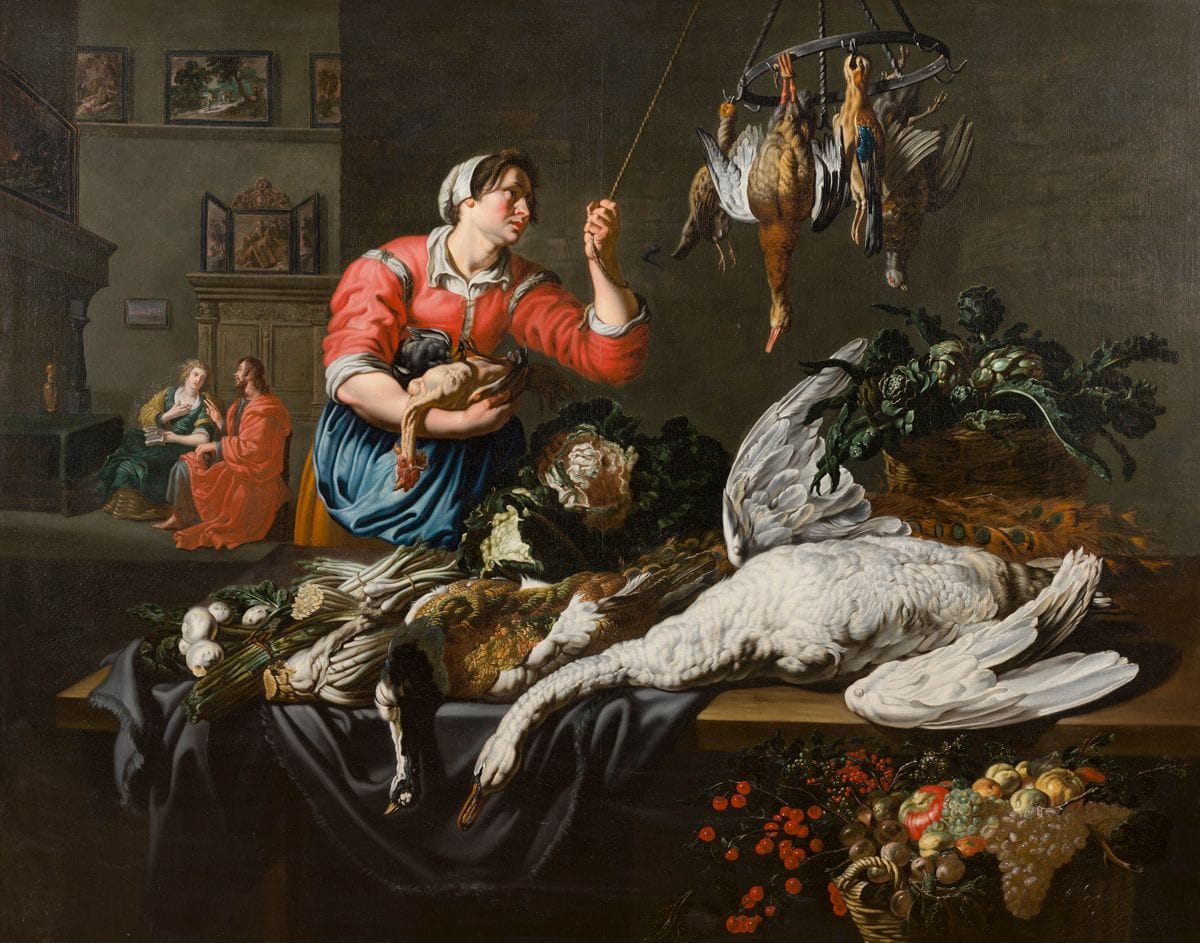 17th century FLEMISH school, workshop of Adriaen van
UtrechtStill
life
with Martha working in a kitchen and Christ talking to MaryCanvas190

.5 x 240 cm
Our painting is based on the work of Adrien van Utrecht in the Musée des Beaux-Arts in Amiens, whose figures are attributed to Simon de Vos



.