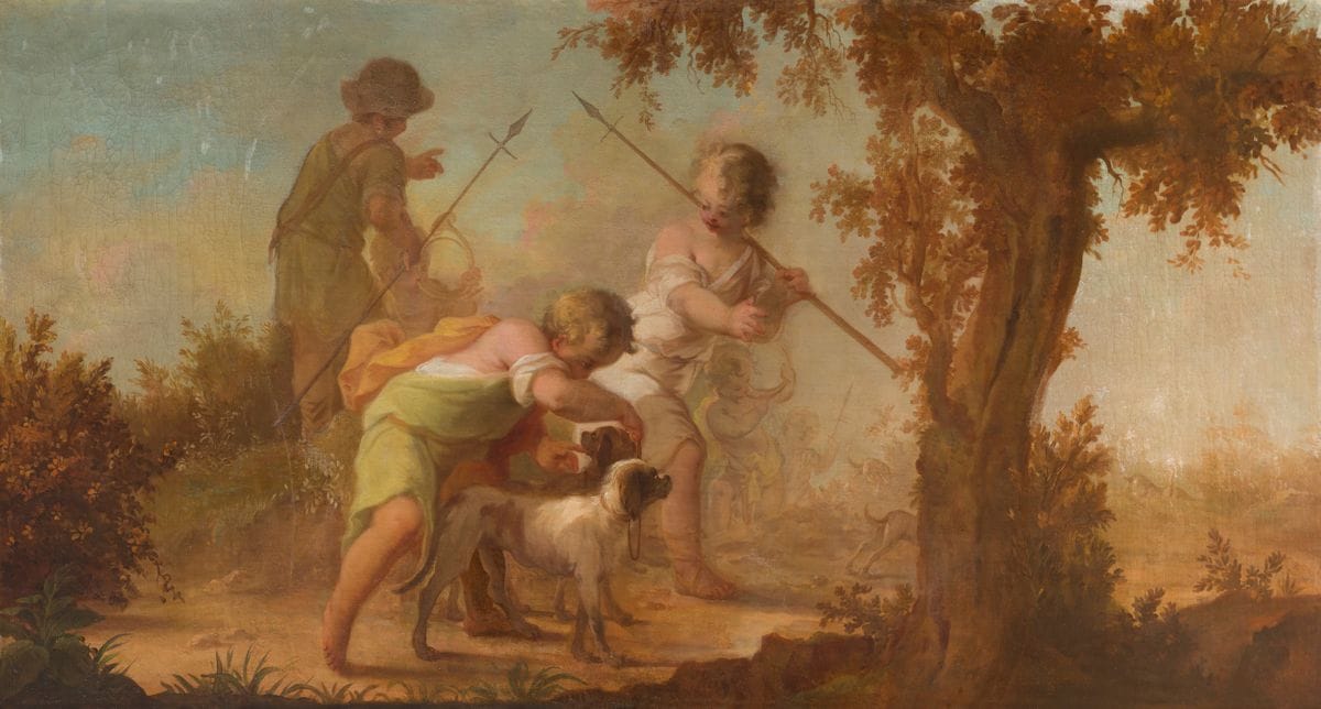 Johann Heinrich KELLER 
(Zürich 1692 - La Haye 1765)
Jeunes enfants chasseurs
Toile anciennement chantournée, agrandie sur les côtés
Signée et datée au centre «J Keller / 1753»
82,5 x 163 cm
(Restaurations anciennes)
 Ce tableau peut être rapproché de cinq toiles, aux dimensions similaires, commandées par Guillaume IV d’Orange-Nassau, aujourd’hui conservées au Stichting Historische Verzamelingen van het Huis Oranje-Nassau de La Haye. Ces cinq toiles, comme notre tableau, sont datées 1753.