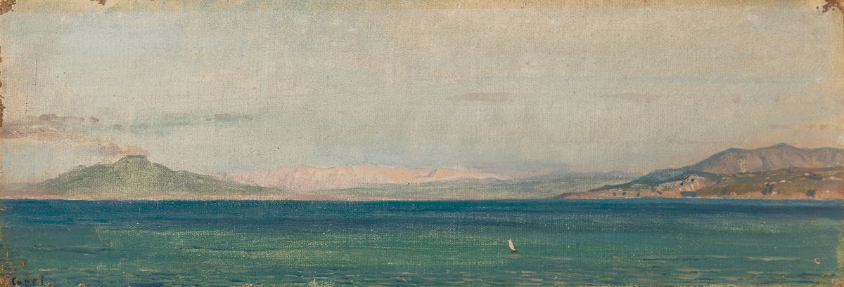 École FRANÇAISE vers 1840
Vue de la côte napolitaine
Toile marouflée sur carton
11 x 33 cm
(Restaurations anciennes)
Porte une signature en bas à gauche : Cap(r?)e..?
Notre tableau porte une ancienne attribution à Corot.