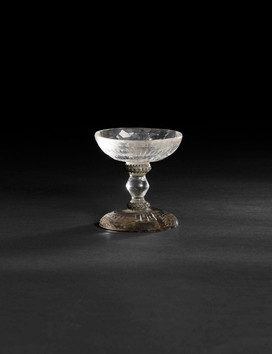 Northern Italy or Southern Germany, circa
1720Cut and engraved rock crystal
bowl
, silver mounting. Circular base, baluster foot, flared cup engraved with flat ribs. 
H : 11 cm
(inclusions, missing the mounting of the foot)


