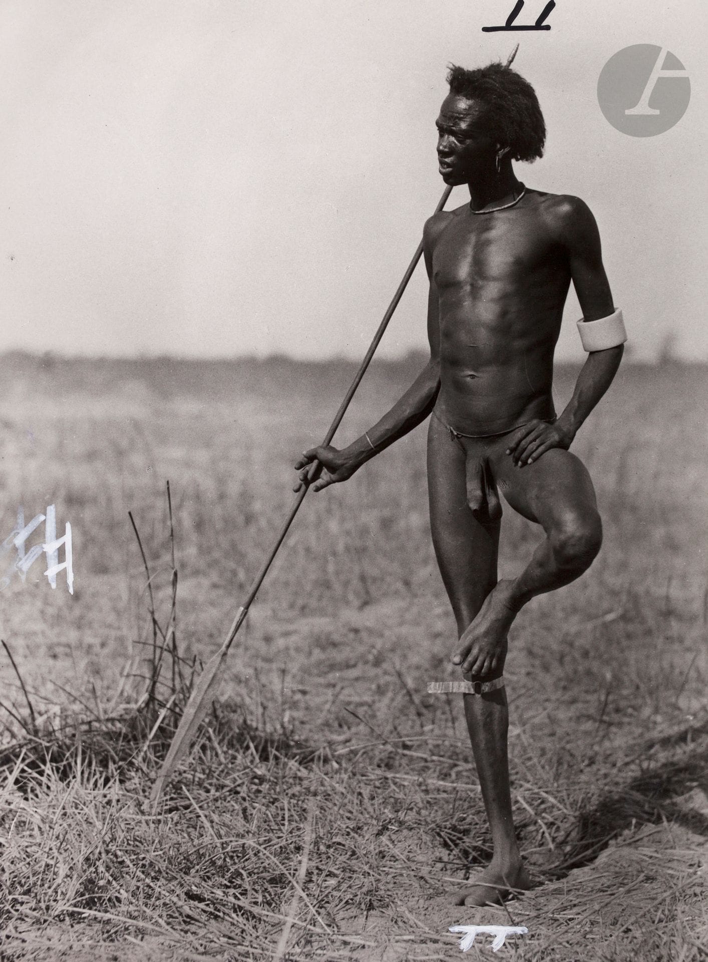 
Hugo Bernatzik (1897 - 1953)  

Soudan. Peuple Nuer, 1927.  

Bahr el Zeraf. Guerriers. Coiffure d’homme Nuer. Arme. Scarifications. Insigne tribal sur le front. Joaillerie. Parures. Homme Nuer dans les marais dont le corps est recouvert de cendre de bois. Position de repos typique des Nuer. Épilation. La nudité fait partie des us et coutumes des Nuers.  

20 épreuves argentiques d’époque. Quelques rehauts et indications de recadrage sur certaines épreuves. Nombreux tampons du photographe « Copyright - Hugo Adolf Bernatzik - Vienna - Austria » et « Copyright by Dr. Hugo A. Bernatzik - Wien », indications de recadrage, numéros de négatifs, annotations manuscrites et légendes tapuscrites sur étiquettes contrecollées aux versos.  

Formats : de 11,4 x 8,4 à 19,6 x 14,4 cm



Hugo Bernatzik est un anthropologue et photographe autrichien, fondateur du concept d’anthropologie alternative qui s’intéresse à l’affaiblissement des cultures autochtones au contact d’éléments exogènes. Il produit une oeuvre photographique conséquente au cours de nombreux voyages et d’expéditions en Espagne (1924), en Égypte et en Somalie (1925), au Soudan (1927), en Guinée portugaise (1930-1931), aux îles Salomon britanniques, en Nouvelle-Guinée britannique, à Bali (1932-1933), en Birmanie, Thaïlande et Indochine (1936-1937). Hugo Bernatzik souhaite capturer les spécificités culturelles des peuples indigènes rattrapés par la colonisation, en documentant leurs modes de vie traditionnels. En tant qu’ethnologue indépendant, et non fonctionnaire mandaté, il exprimait librement son opposition aux autorités coloniales locales et finançait lui-même ses voyages, grâce à l’écriture, la publication de ses photographies ou les conférences. L’ensemble de ses négatifs a disparu pendant la Seconde Guerre mondiale mais une grande partie de ses tirages sont aujourd’hui conservés dans les collections de l’Institut photographique Bonartes à Vienne. À sa mort en 1953, il laissa 47 albums contenant quelques 16000 planches contacts. Cet ensemble représente donc l’archive privée la plus importante sur le travail d’Hugo Bernatzik.
Quelques publications d’Hugo Bernatzik : 
- Zwischen Weissem Nil und Belgisch-Kongo, L. W. Seidel & Sohn, Vienne, 1929.- The Dark Continent, Afrika, Londres, The Studio Ltd, 1931. - Äthiopen des Westens. Portugiesisch Guinea, 2 vols., avec Bernhard Struck, L.W. Seidel & Sohn, Vienne, 1933.- Südsee. Travels in the South Sea, Londres, Constable & Co., 1935.- Gari-Gari, The Call of the African Wilderness, Londres, Constabel & Co. 1936.- Owa Raha, Wien-Leipzig-Olten, Bernina Verlag, 1936.- Afrika. Handbuch der angewandten Völkerkunde, Innsbruck, Wagner’schen Univ.- Buchdruckerei, 1947.
Bibliographie : 
Kevin Conru, Klaus-Jochen Krüger, Margarete Loke, Christina Angela Thomas, Alison Nordström, Jacques Ivanoff, Bernatzik: Mers du Sud. Afrique. Asie du Sud Est, 3 volumes, Milan, 5 continents, 2002-2003. 
 

Hugo Bernatzik (1897-1953) 

Sudan. Nuer people, 1927. 

Bahr el Zeraf. Warriors. Nuer man's headdress. Weapon. Scarifications. Tribal insignia on the forehead. Jewellery. Ornaments. Nuer man in the marshes whose body is covered with wood ash. Typical Nuer resting position. Hair removal. Nudity is part of the Nuer customs and traditions. 

20 vintage gelatin si
