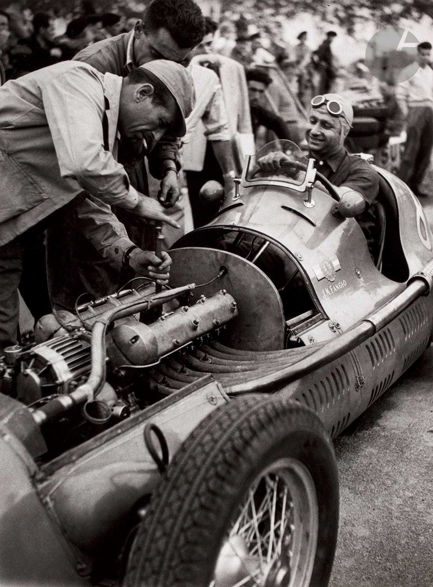 Jean Dieuzaide (1921 - 2003) 
Fangio waits for his mechanics tuning his Maserati 4CLT/48. Albi Grand Prix, 1949. 
Silver print (c. 1990). Stamp "Atelier Jean Dieuzaide", title and date in ink on the reverse. 
Image : 37 x 27,3 cm 
Sheet : 40,2 x 30,7 cm 
 
Bibliography :
Jean Dieuzaide, Portraits de courses, Toulouse, Éditions Drivers, 2003, p. 29.

Jean Dieuzaide (1921-2003)
Fangio waiting for his mechanics to set up his Maserati 4CLT/48. Albi Grand Prix, 1949.
gelatin silver print (c. 1990)
.
Stamp "Atelier Jean Dieuzaide", title and date in ink on verso.
Image: 37 x 27.3 cmPaper
: 40.2 x 30.7 cm












