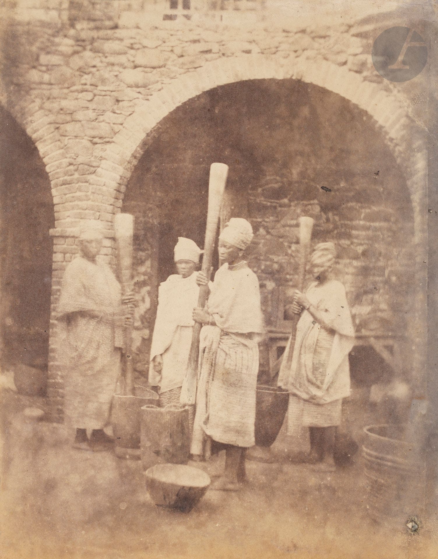Ange Lachave (1831 - 1881) 
Personal albums on the Frégate le Bellone, 1867. 
Gabon. Senegal. Island of Gorée. 
Cherbourg harbour. Brest. Crew of the Bellone. Commander Orsel. Bahma, the ship's supplier in Dakar. Abbot Lucas Morel. Aiguade of Dakar. King Manuel's village. Gorée. Government Square. View from the Castel. Women pounding couscous. King Manuel Kringa and his daughter. Dakar. Engineering establishment. Sergeant, divisional commissioner. Mr. Tanz, chief of music. King Manuel's village. Coal park. Sisters' house. Officers' house. Artillery work. Madame Pillod and her servants. Self-portrait of the photographer. A walk on Mount Bouët (Gabon). Signares in Dakar and Gorée. Gendarmerie. Traditional architecture. Ceremonial masks. Portraits in Paris. Still life. Terrace of a café. 
Two albums in-4, one titled on the first cover, titled and signed by the photographer on the 4th cover, composed respectively of approximately 171 and 47 albumen prints, laminated on sheets or cardboard. List of photographic equipment carried on board the frigate at the beginning of the first volume. Regulations on board the frigate at the end of the first volume. Numerous annotations in ink on the mounts. 
Size : 9 x 5,5 x 14 x 22 cm 
 
A set of nine (9) silver prints on cardboard about Benin is attached

. 
 


Ange Lachave (1831-1881) 
Personal albums on the Frégate le Bellone, 1867
. Senegal. Island of Gorée. 
Cherbourg harbour. Brest. Crew of the Bellone. Commander Orsel. Bahma, supplier of the ship in Dakar. Abbot Lucas Morel. Aiguade of Dakar. King Manuel's village. Gorée. Government Square. View from the Castel. Women pounding couscous. King Manuel Kringa and his daughter. Dakar. Engineering establishment. Sergeant, divisional commissioner. Mr. Tanz, chief of music. King Manuel's village. Coal park. Sisters' house. Officers' house. Artillery work. Madame Pillod and her servants. Self-portrait of the photographer. A walk on Mount Bouët (Gabon). Signares in Dakar and Gorée. Gendarmeire. Traditional architecture. Ceremonial masks. Portraits in Paris. Still life. Terrace of a café. 
Two 4to albums, one titled on the cover, titled and signed by the photographer on the back cover, composed respectively of approximately 171 and 47 albumen prints, mounted on sheets or cardboard. List of the photographic equipment taken on board at the beginning of the first volume. Regulations on board at the end of the first volume. Numerous annotations in ink on the mounts.
Dimensions: 9 x 5.5 x 14 x 22 cmIncluded

a set of nine gelatin silver prints mounted on cardboard about Benin.
















